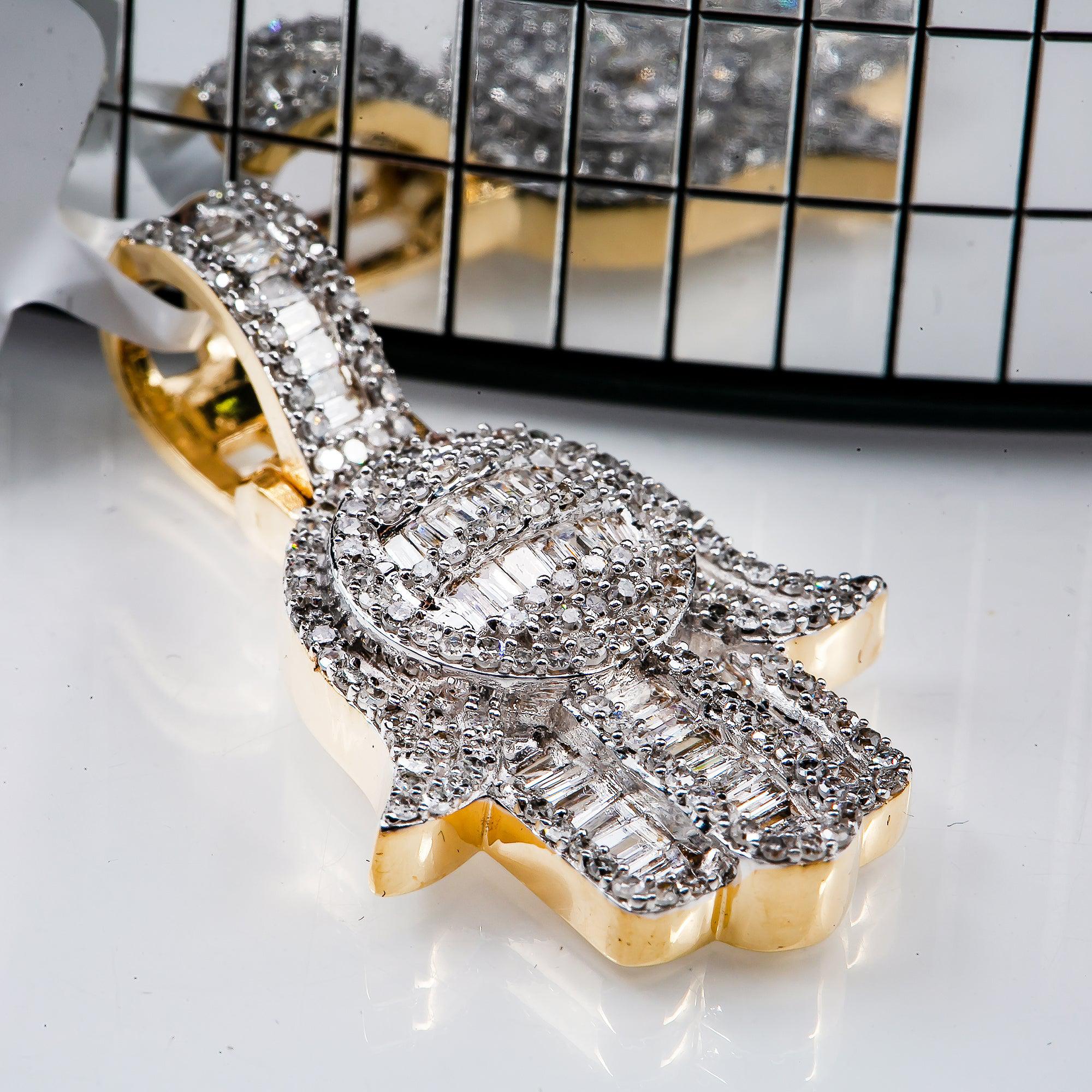 14K YELLOW GOLD DIAMOND HAMSA PENDANT 1.33 CT
