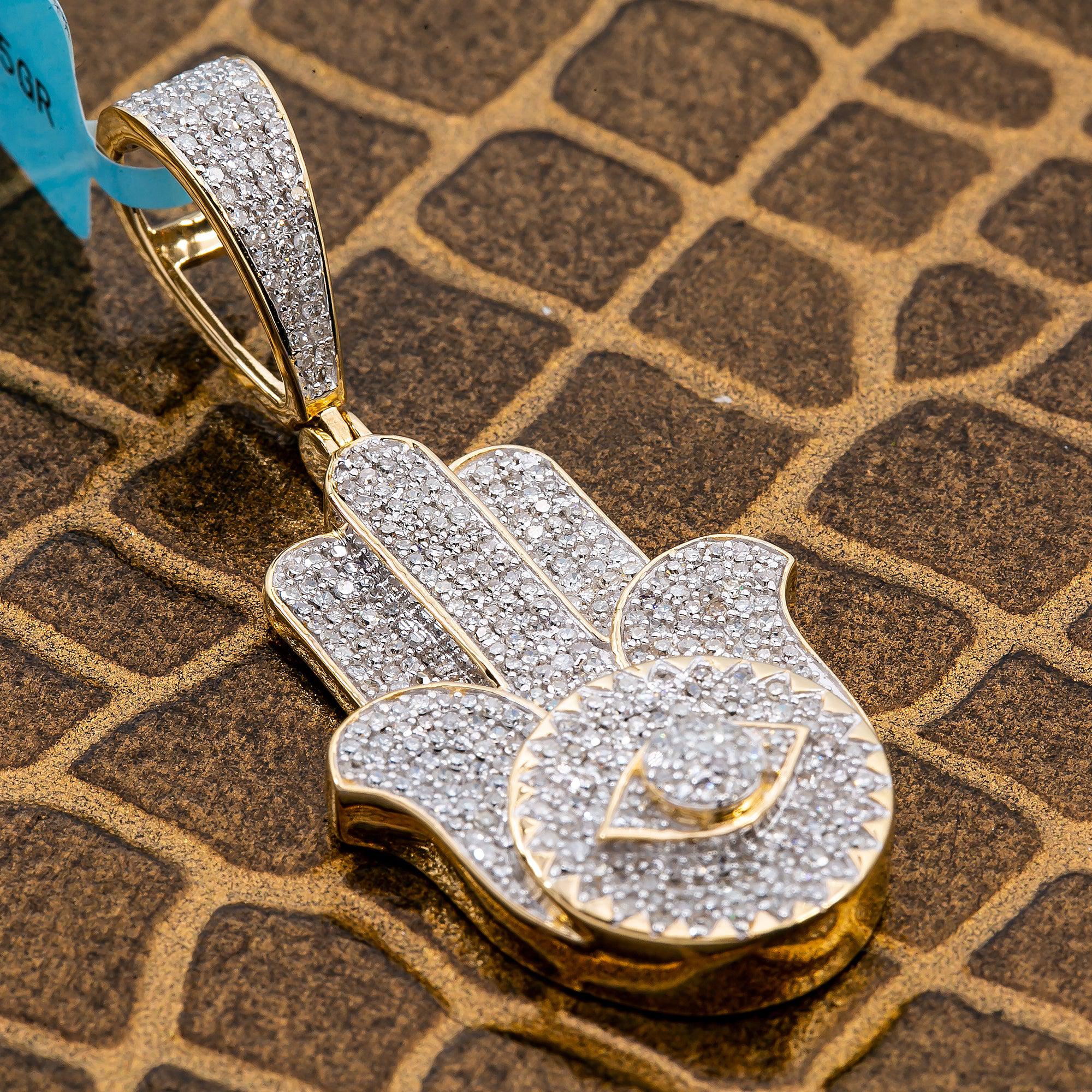Unisex 14K Yellow Gold Hamsa Pendant with 1.23 CT Diamonds