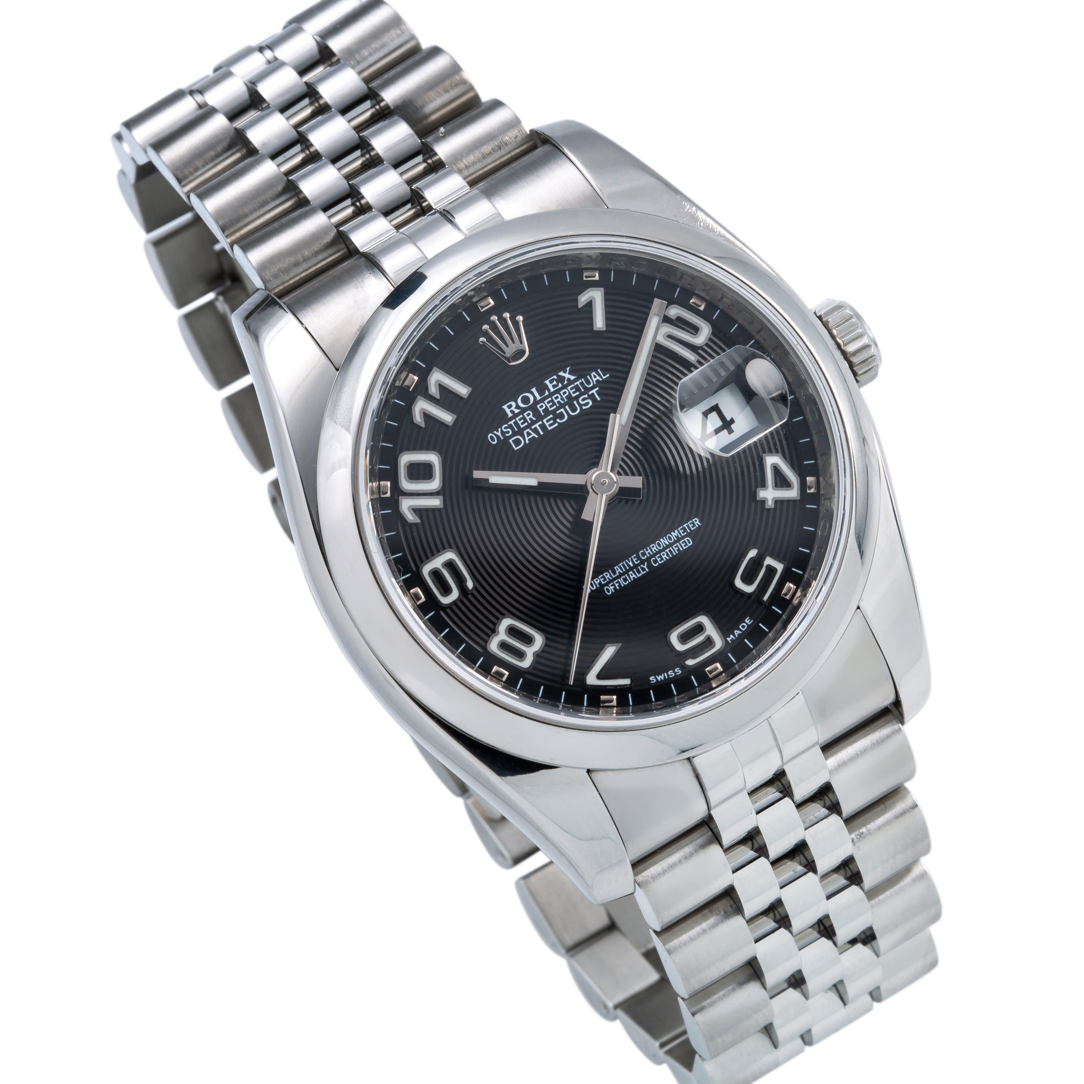 Rolex Datejust 36MM 116200 Black Concentric Arabic Dial Smooth Bezel Stainless Steel Jubilee Bracelet