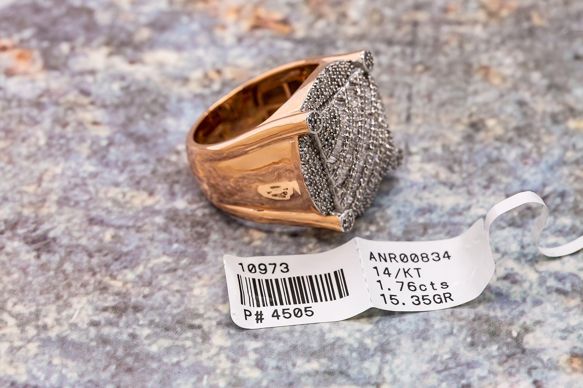 Man's 14K Rose Gold Ring with 1.76 CT  Baguette Diamonds