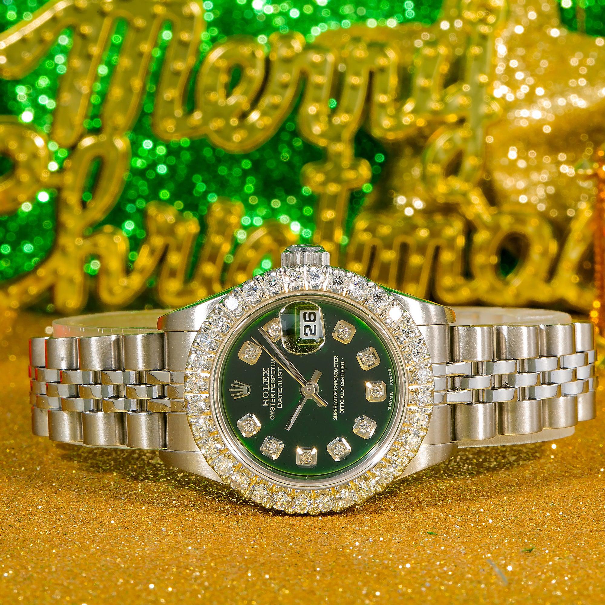 Rolex Datejust 26MM 79240 Green Diamond Dial Diamond Bezel Stainless Steel Jubilee Bracelet