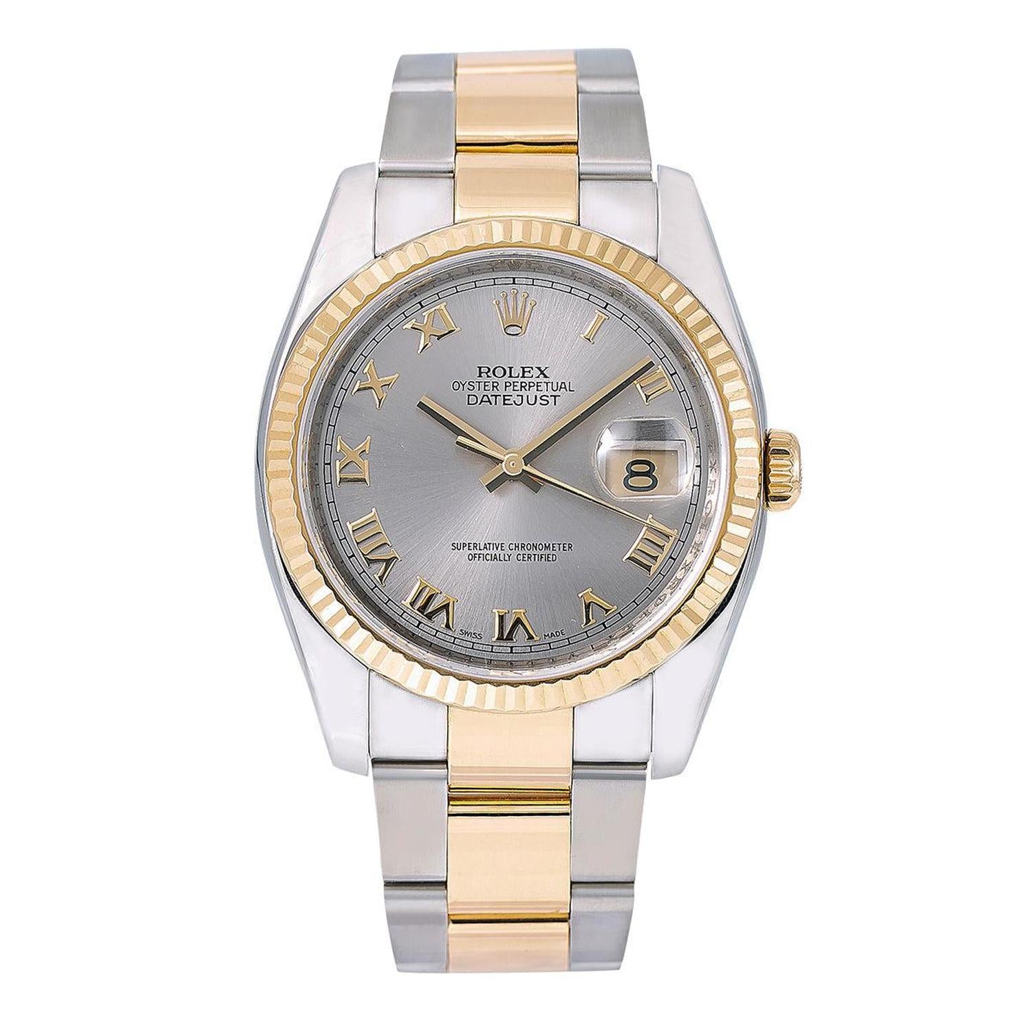 Rolex Datejust 36MM 116233 Silver Roman Dial Yellow Gold Fluted Bezel Two Tone Oyster Bracelet