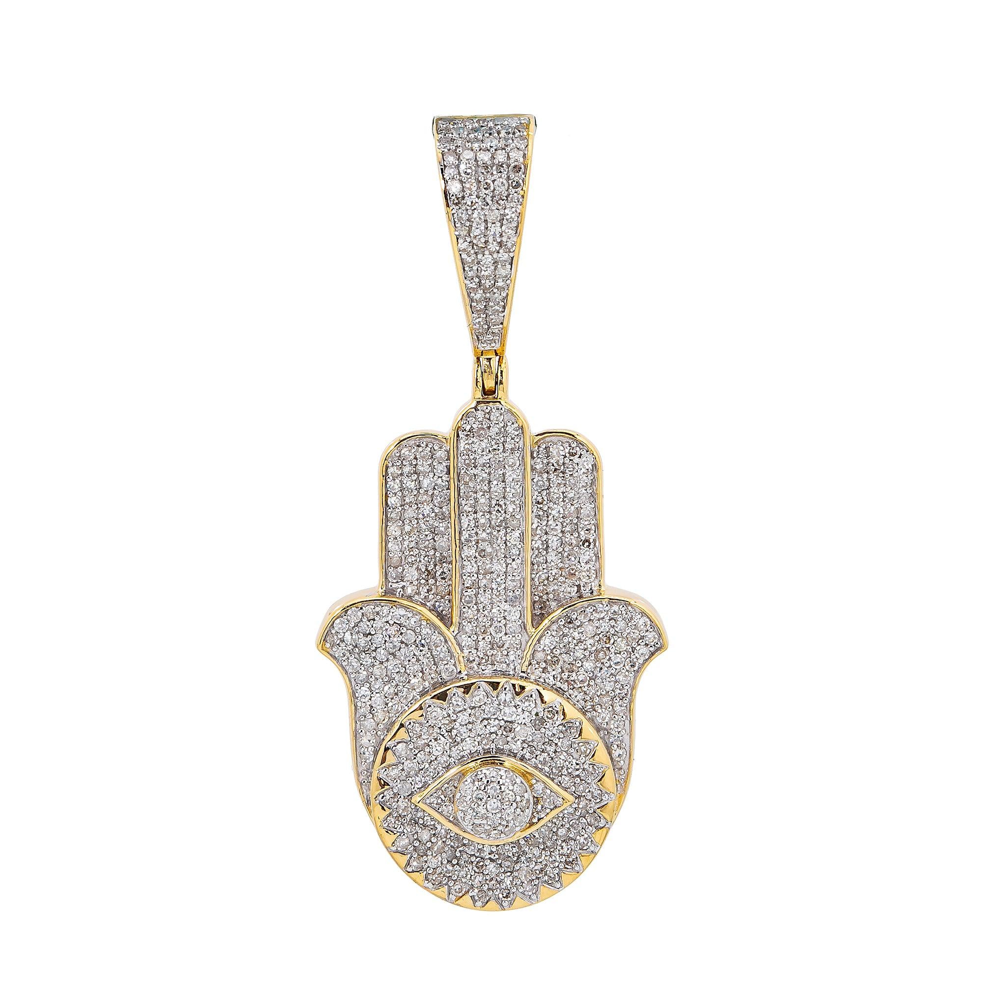 Unisex 14K Yellow Gold Hamsa Pendant with 1.23 CT Diamonds