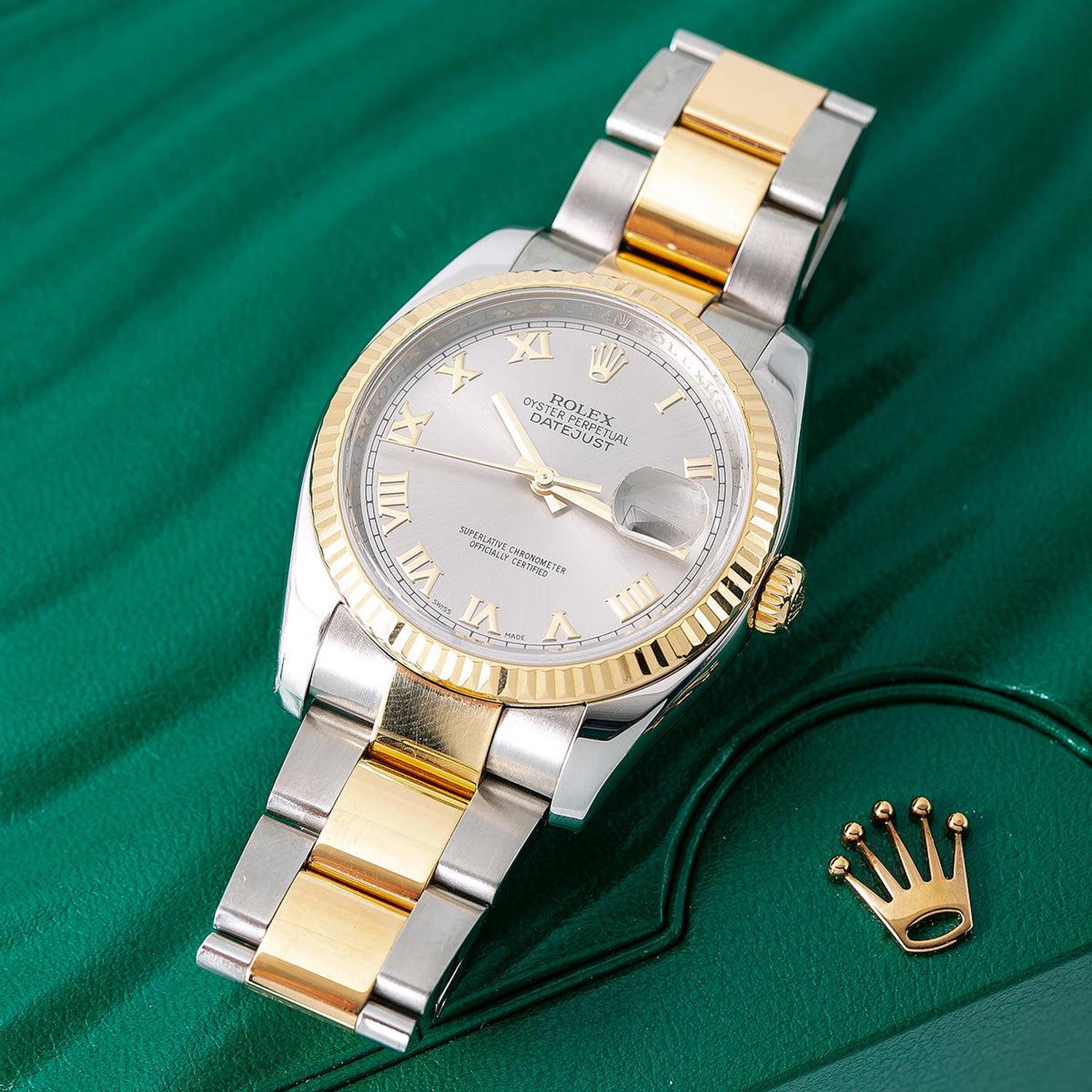 Rolex Datejust 36MM 116233 Silver Roman Dial Fluted Bezel Two Tone Yellow Gold Oyster Bracelet
