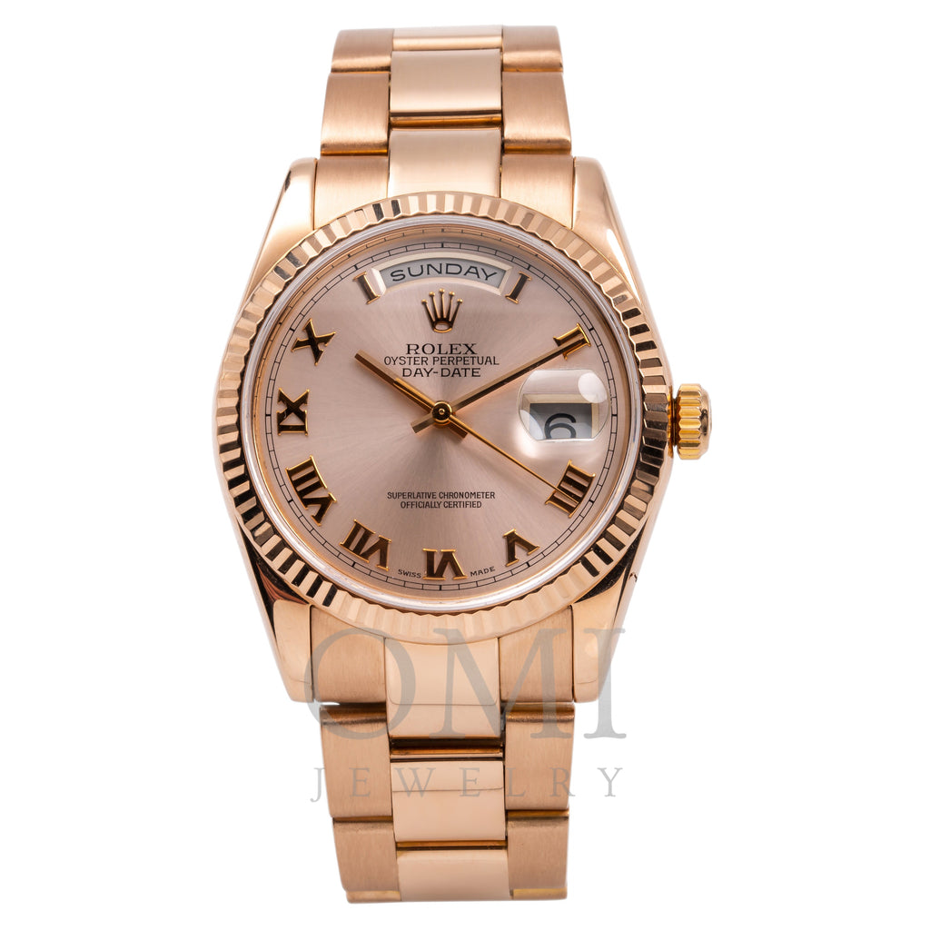 18K Rose Gold Rolex Day-Date 118235 36mm Pink Champagne with Roman Numerals Dial