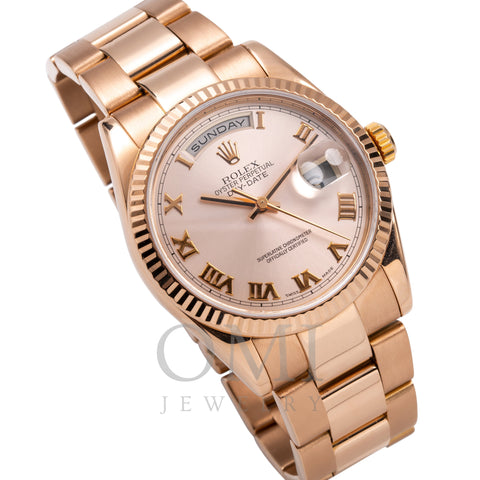 18K Rose Gold Rolex Day-Date 118235 36mm Pink Champagne with Roman Numerals Dial
