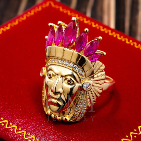 10K Yellow Gold Indian Head With Purple Stones Crown Men's Ring