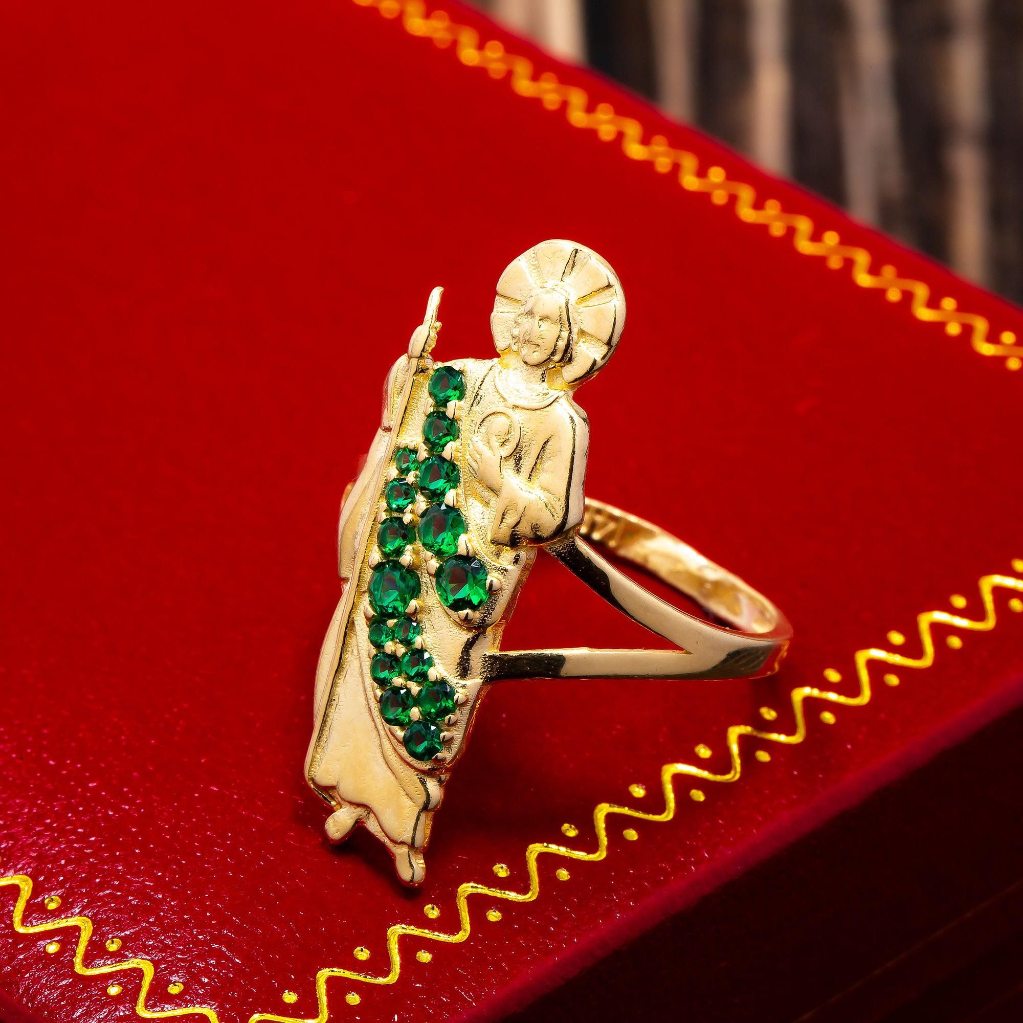 10K Yellow Gold St. Jude With CZ Green Stones Men's Ring