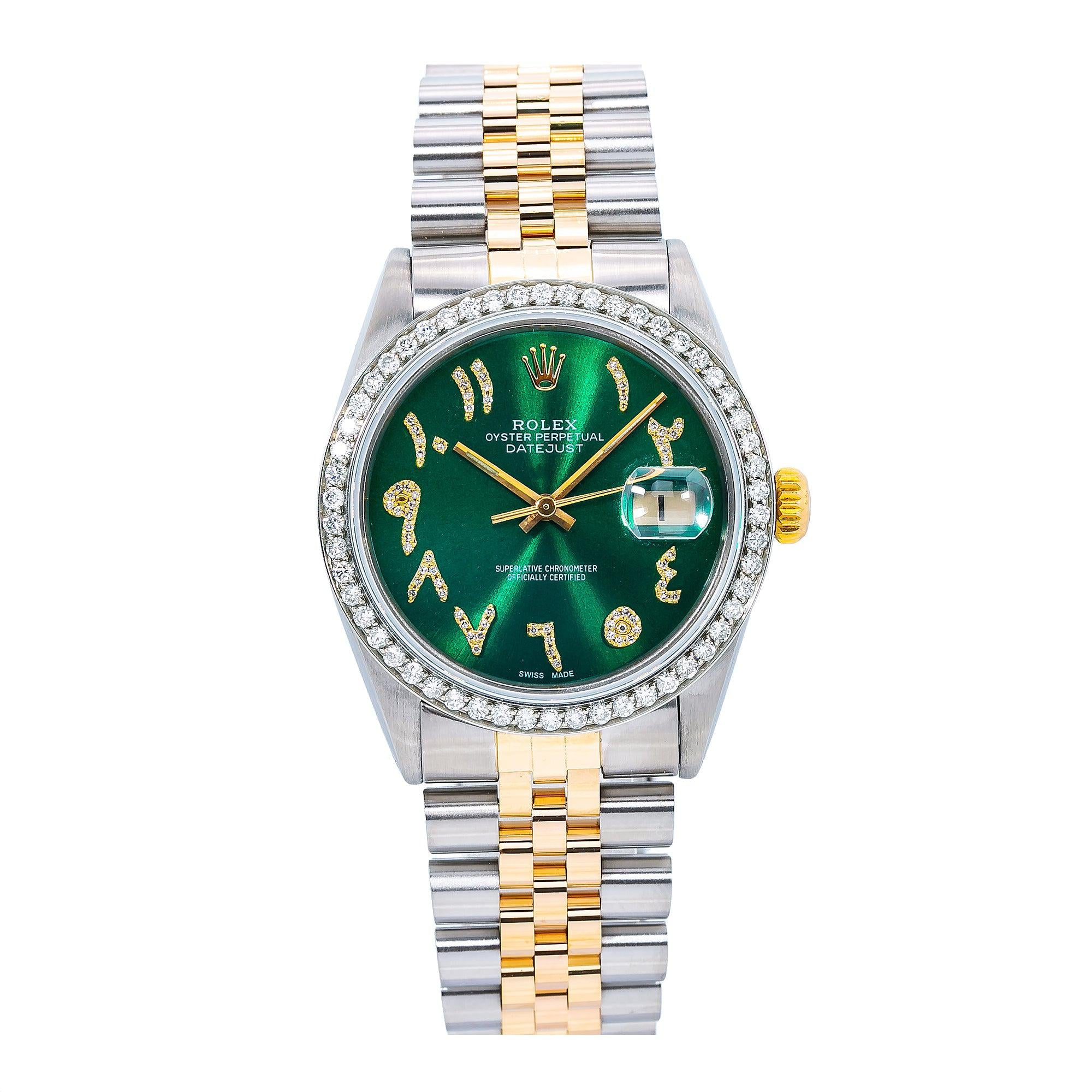Rolex Datejust 36MM 16013 Green Roman Dial Diamond Bezel Two Tone Jubilee Bracelet 1.25ct