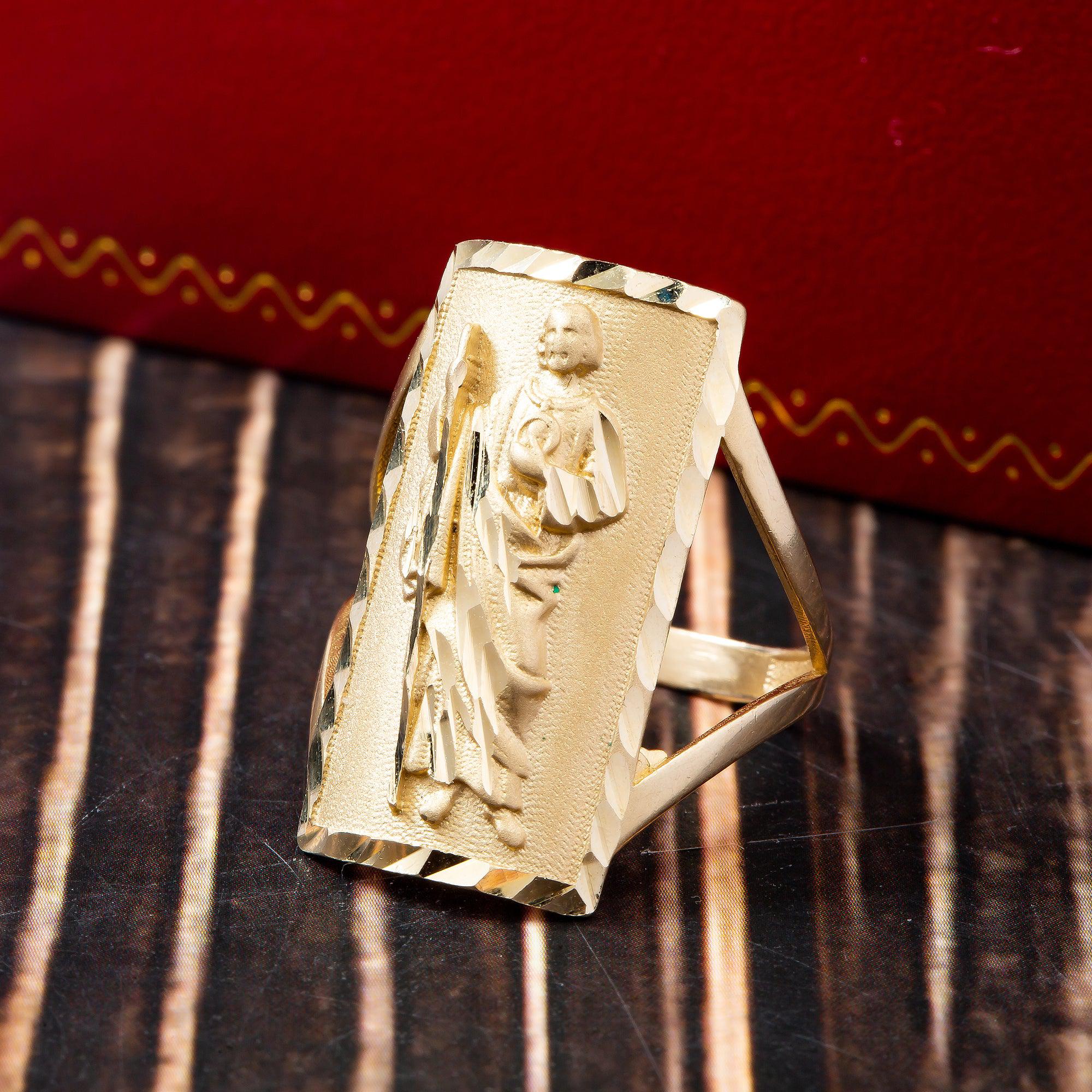 Men's Vintage San Judas Iced Out Ring - 14k Gold Plated Heavy Stainless Steel Statement Ring