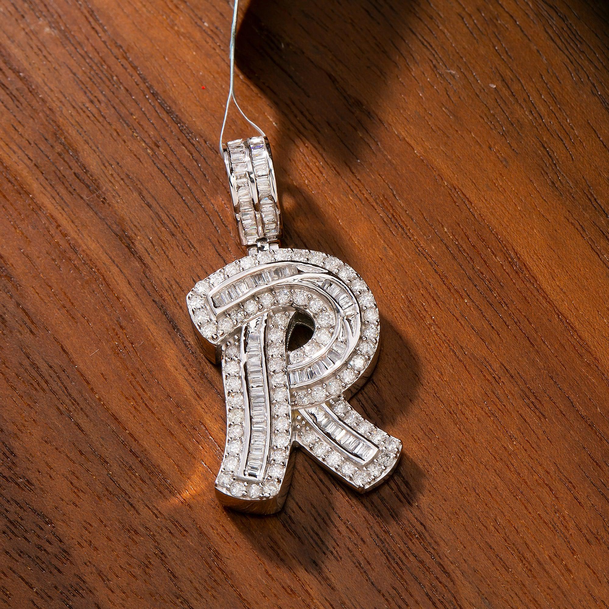 14K White Gold Diamond Letter R Pendant