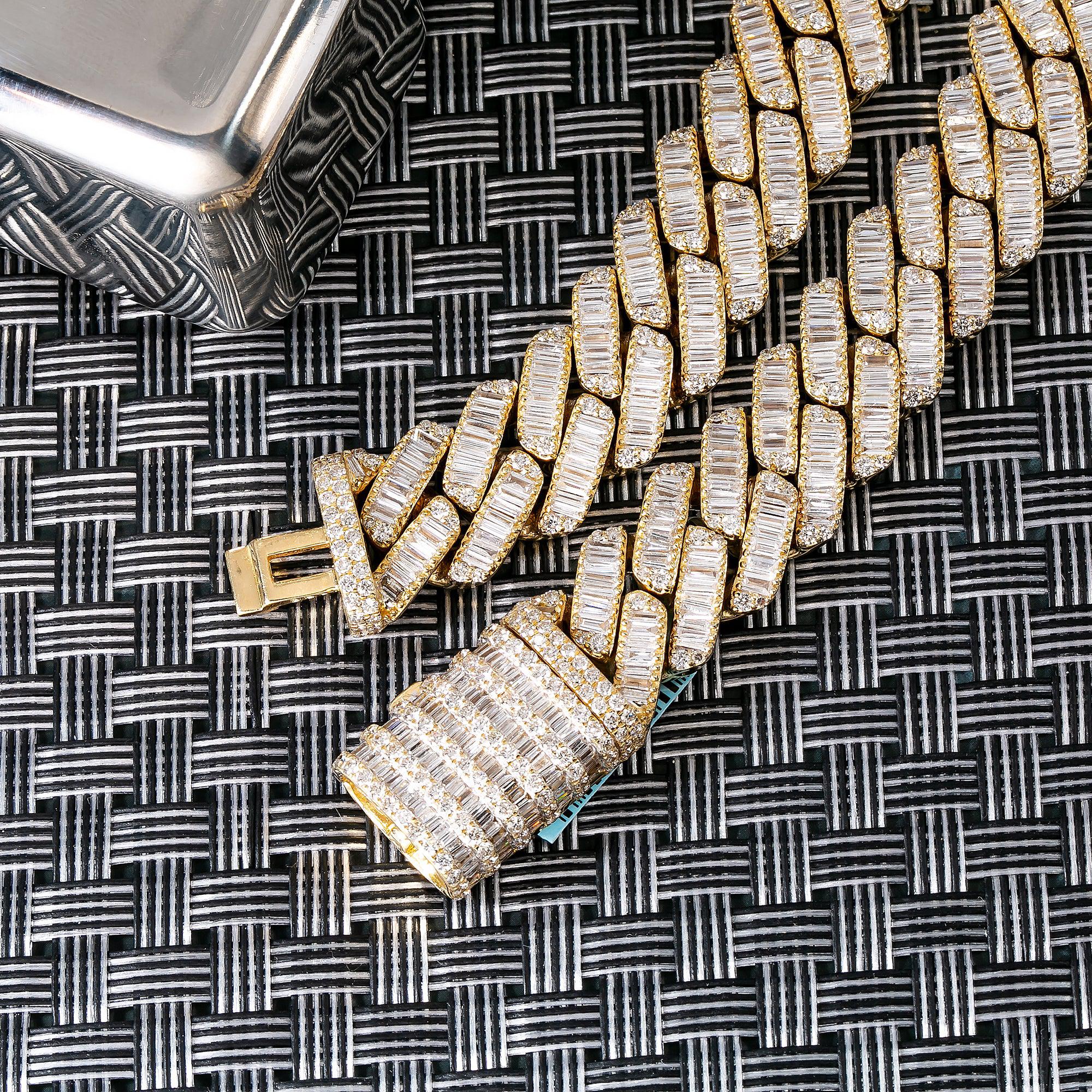 14K YELLOW GOLD 22"/15 MM CUBAN CHAIN WITH 32.05 CT BAUGETTE DIAMONDS