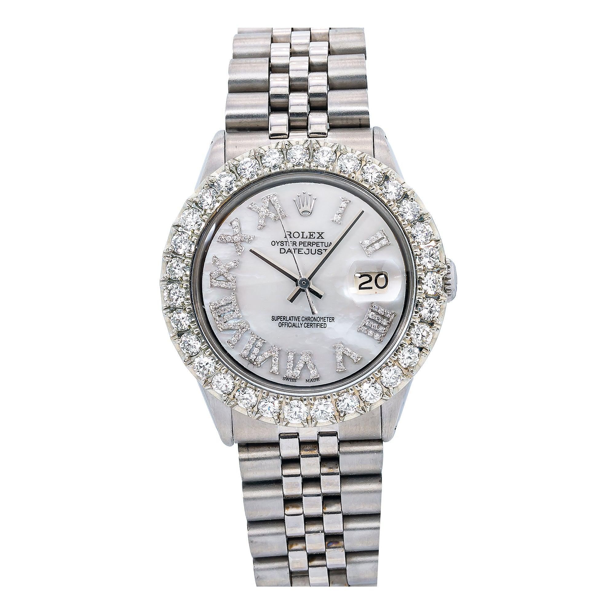 Rolex Datejust 36MM 1601 Mother of Pearl Roman Dial Diamond Bezel Stainless Steel Jubilee Bracelet