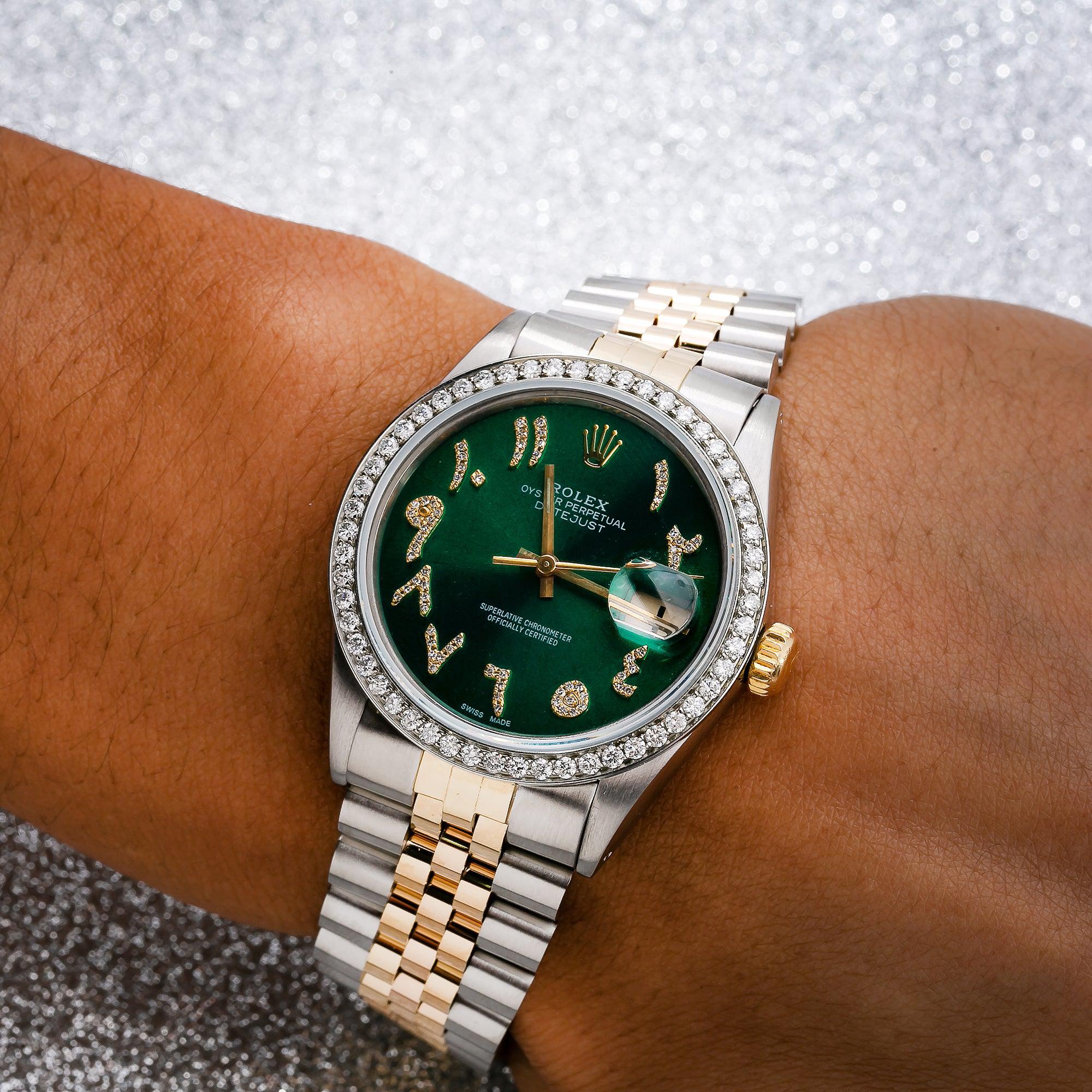 Rolex Datejust 36MM 16013 Green Roman Diamond Dial Diamond Bezel Two Tone Yellow Gold Jubilee Bracelet 1.25ct