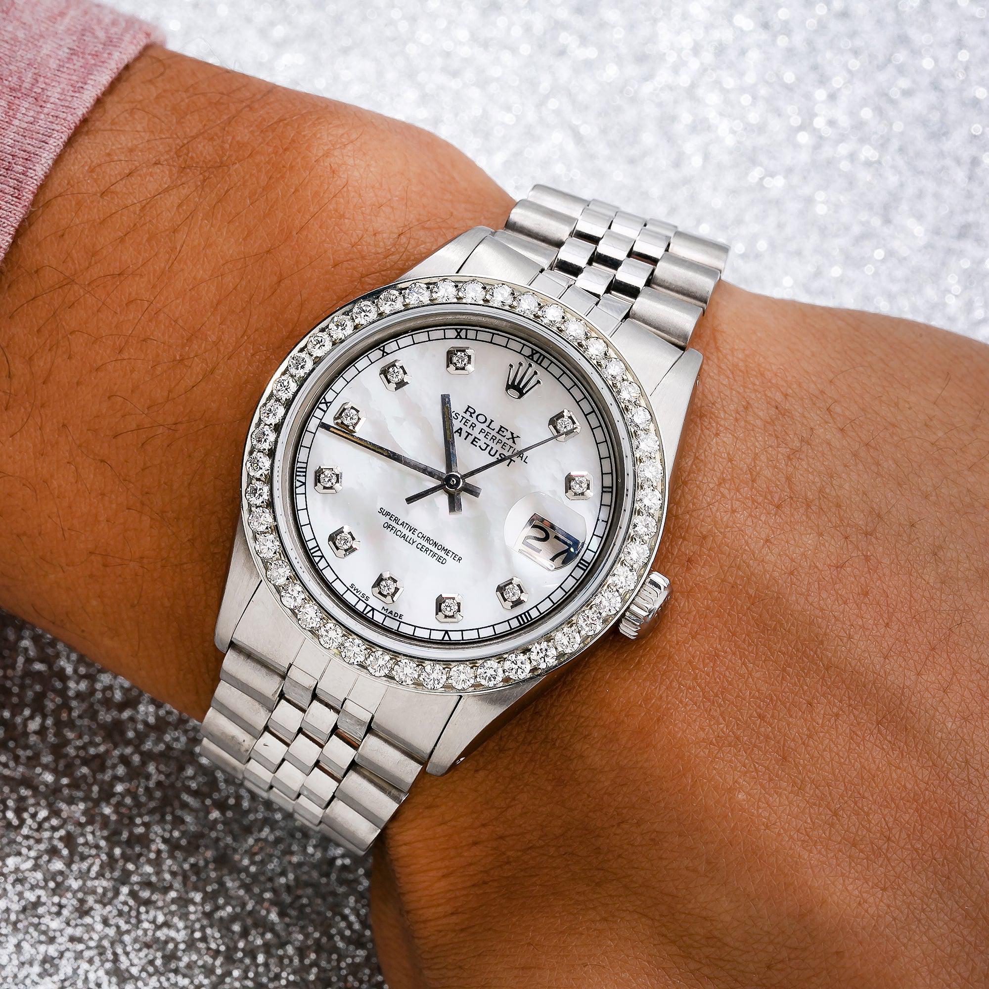 Rolex Datejust 36MM 1601 White Mother of Pearl Diamond Dial Diamond Bezel Stainless Steel Jubilee Bracelet 1.25ct