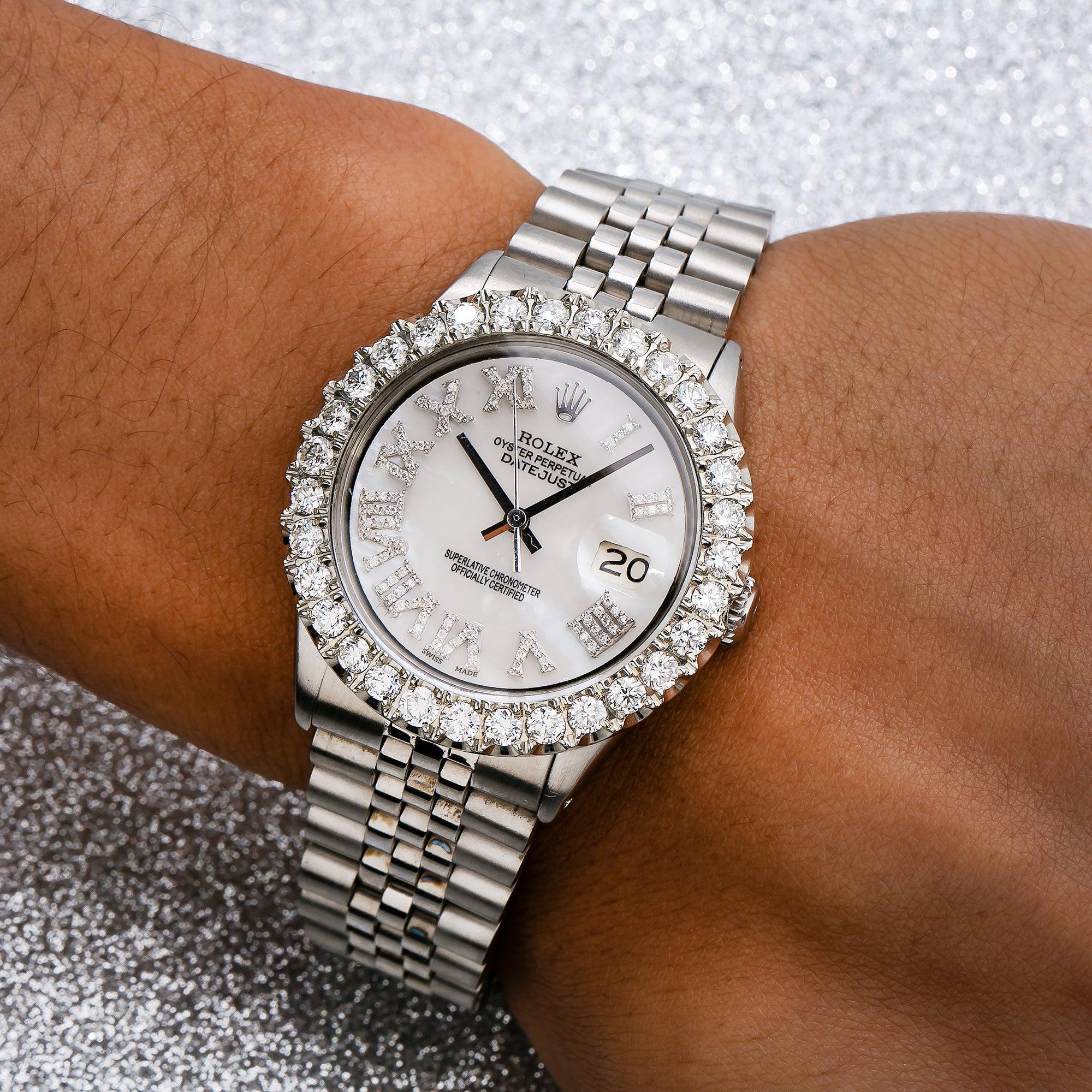 Rolex Datejust 36MM 1601 White Mother of Pearl Roman Diamond Dial Diamond Bezel Stainless Steel Jubilee Bracelet