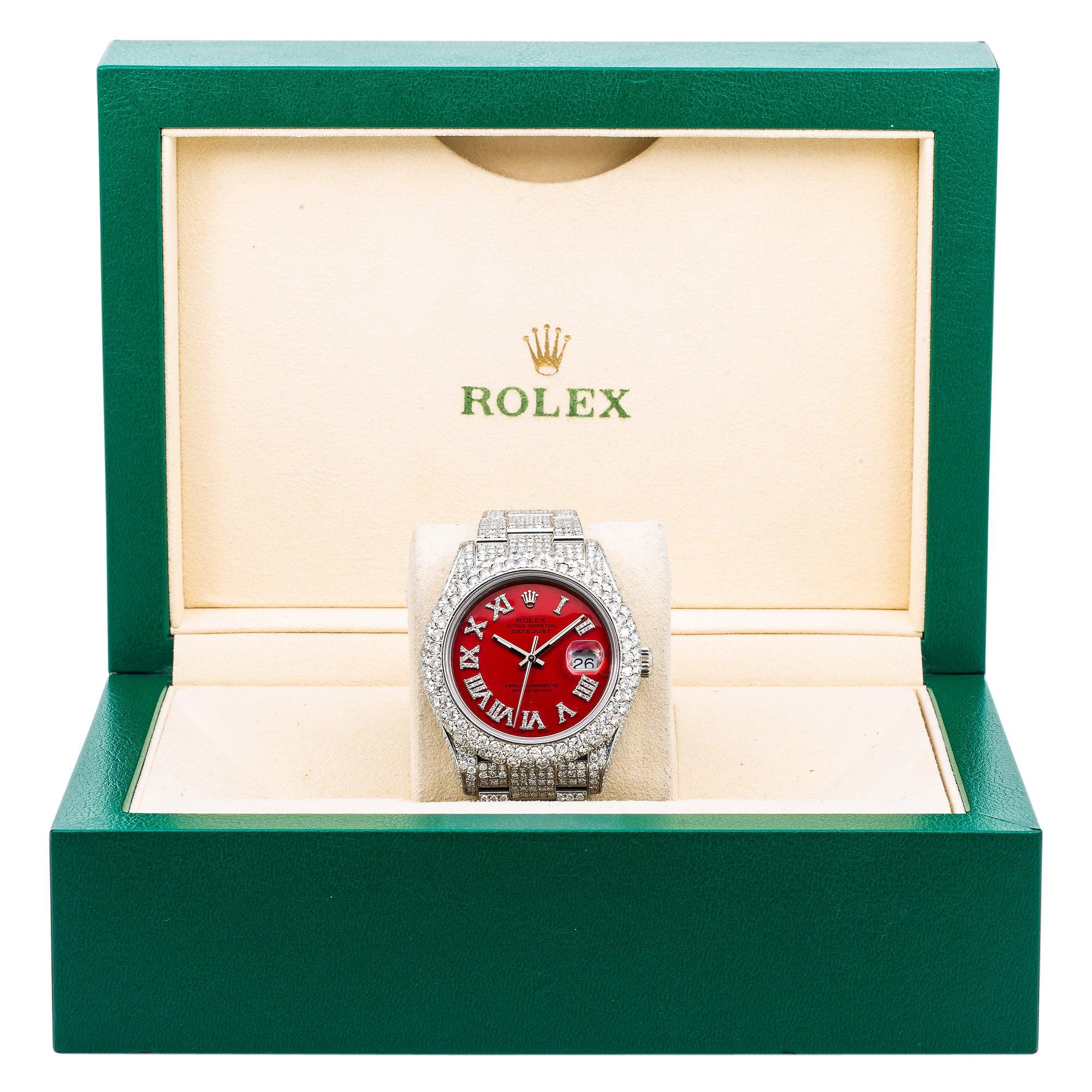 Rolex Datejust 41MM 116300 Red Roman Diamond Dial Diamond Bezel Stainless Steel Full Diamond Oyster Bracelet
