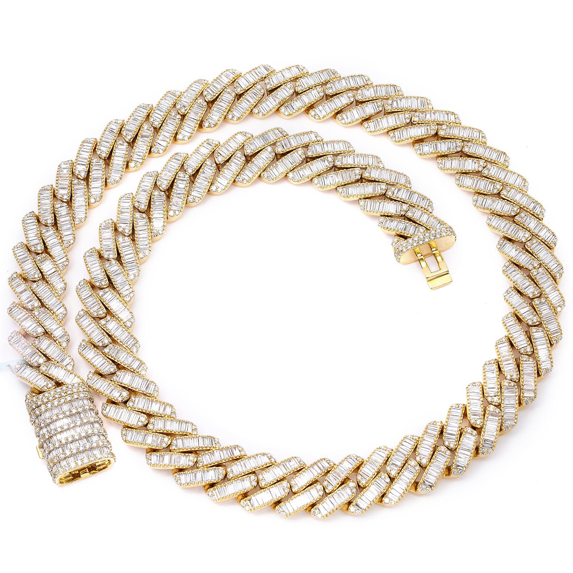 14K YELLOW GOLD 22"/15 MM CUBAN CHAIN WITH 32.05 CT BAUGETTE DIAMONDS