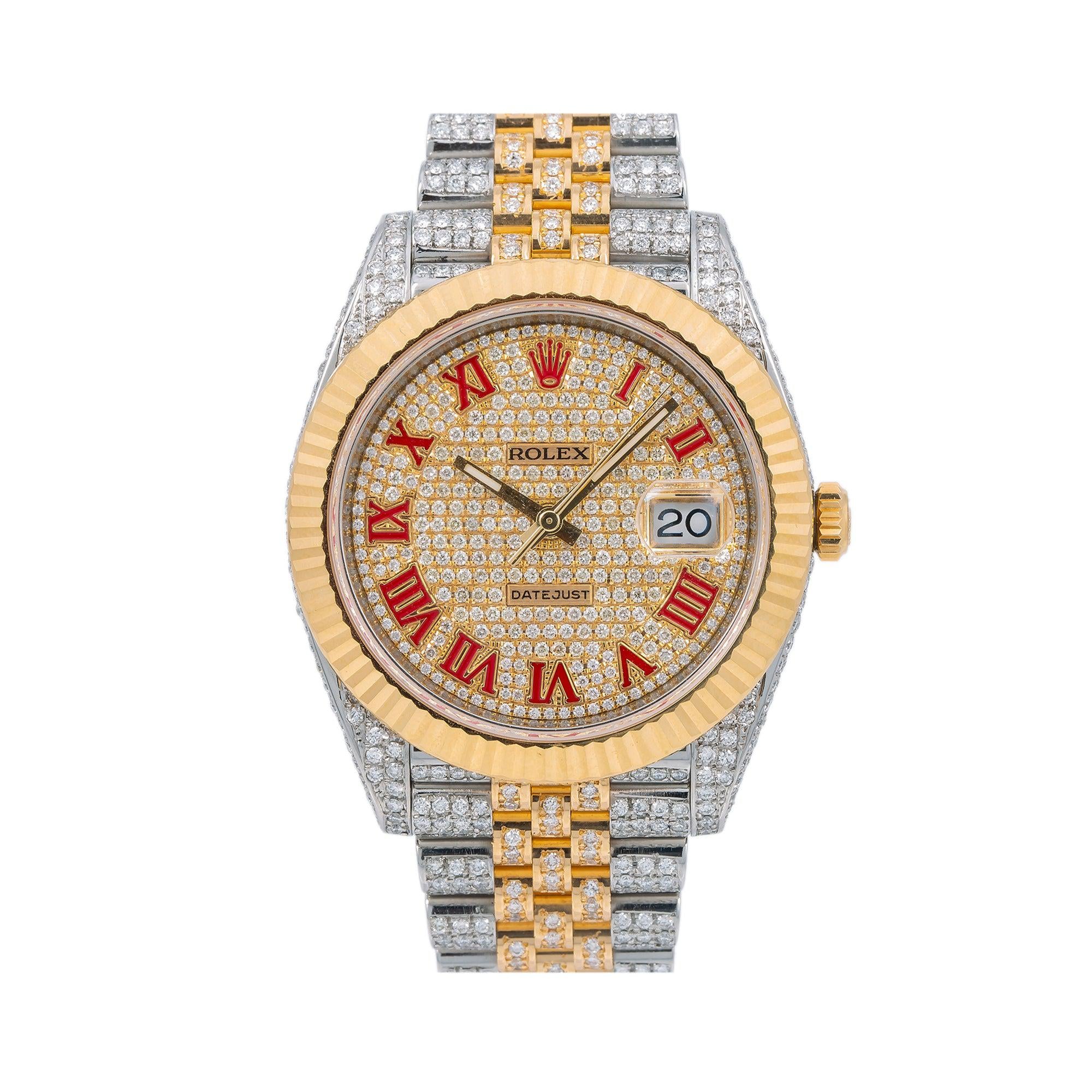Rolex Datejust 41MM 126333 Diamond Paved Red Roman Dial Yellow Gold Fluted Bezel Two Tone Full Diamond Jubilee Bracelet