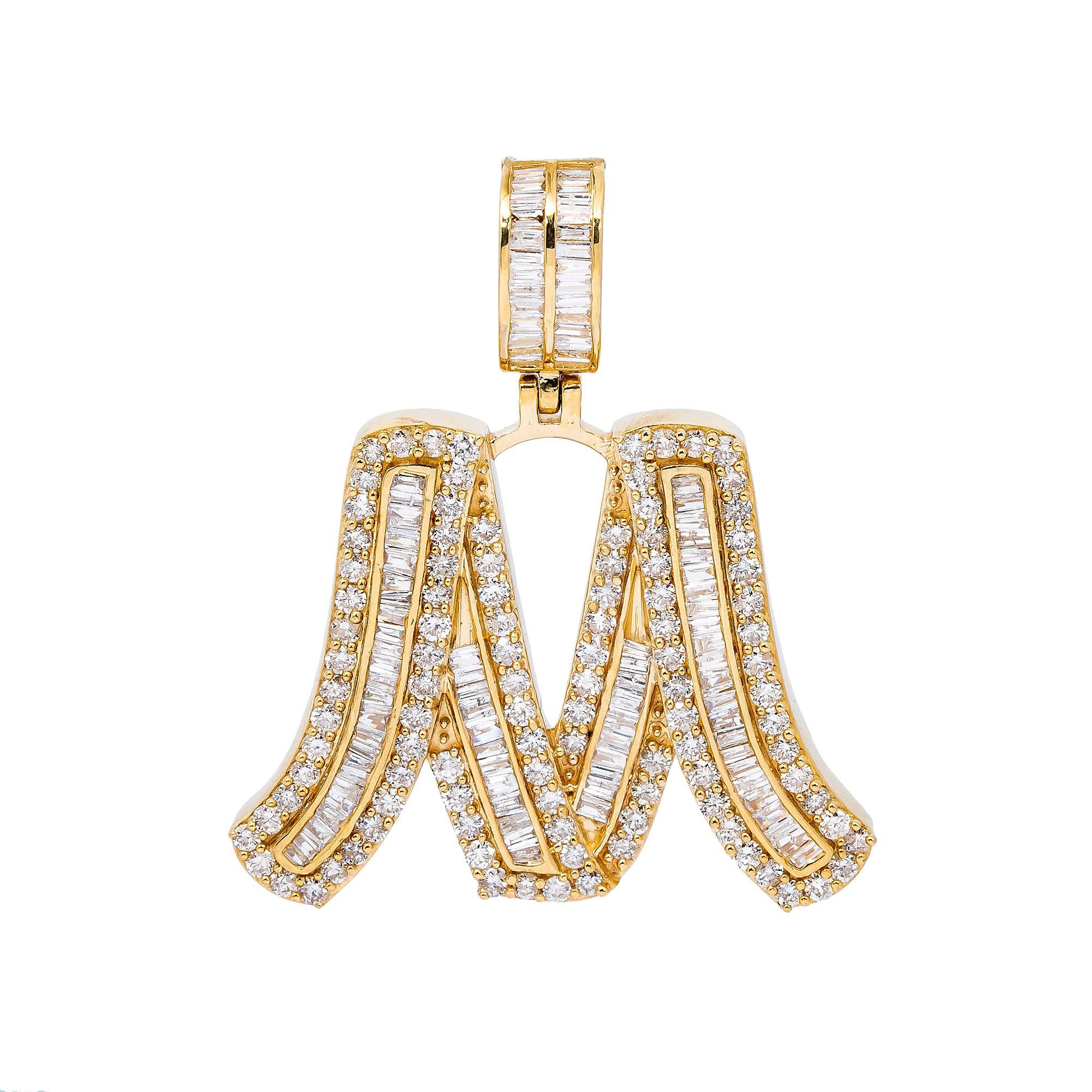 14K YELLOW GOLD LETTER M PENDANT WITH 2.91 BAGUETTE AND ROUND DIAMONDS