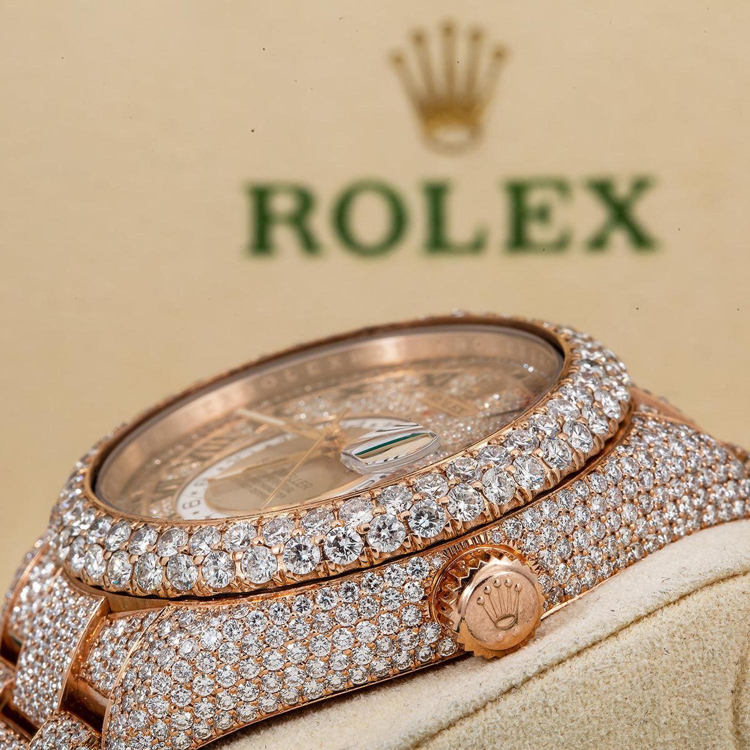 Rolex Sky-Dweller 42MM 326935 Diamond Paved Roman Dial Diamond Bezel 18K Rose Gold Full Diamond Oyster Bracelet
