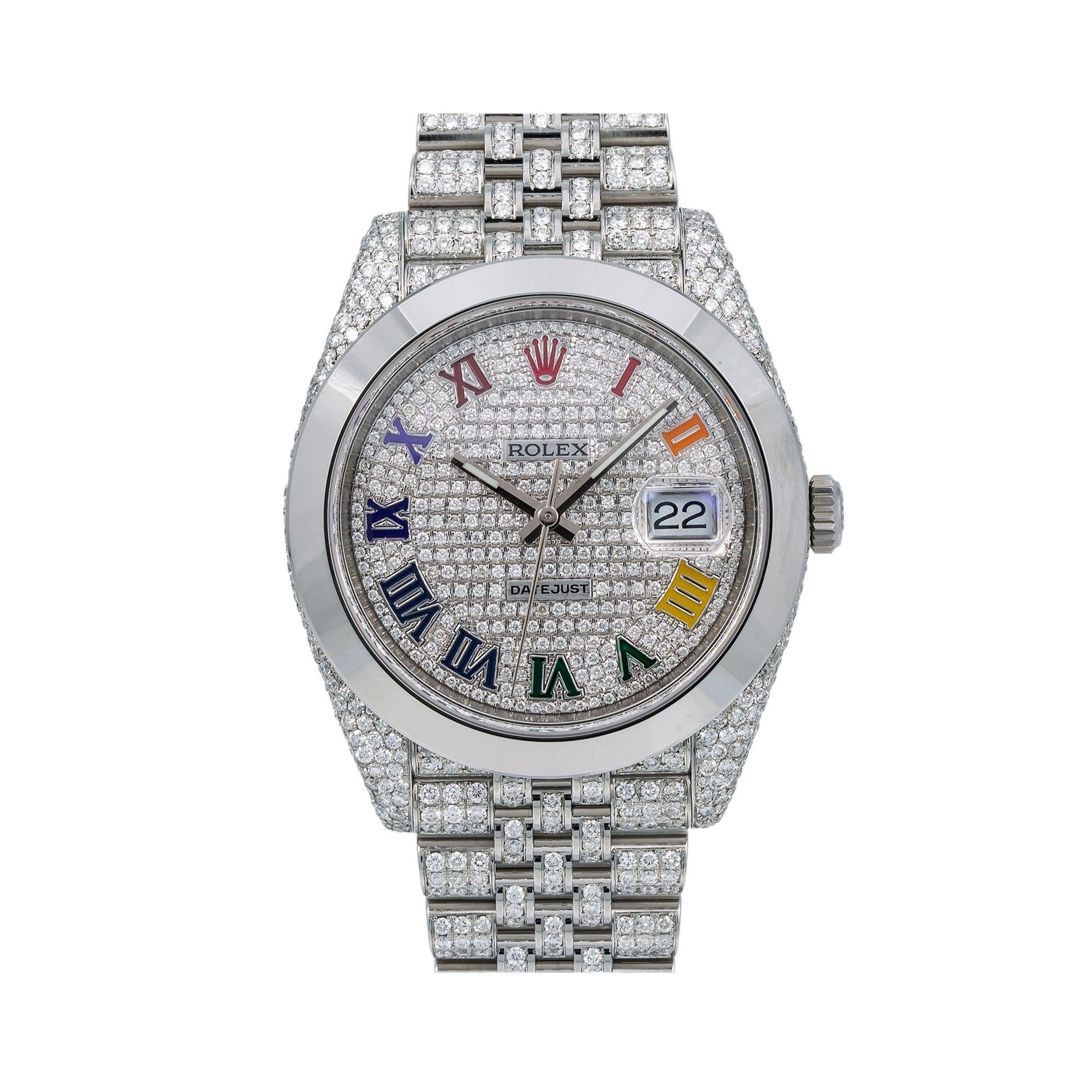 Rolex Datejust 41MM 126333 Diamond Paved Rainbow Roman Dial Smooth Bezel Full Diamond Oyster Bracelet