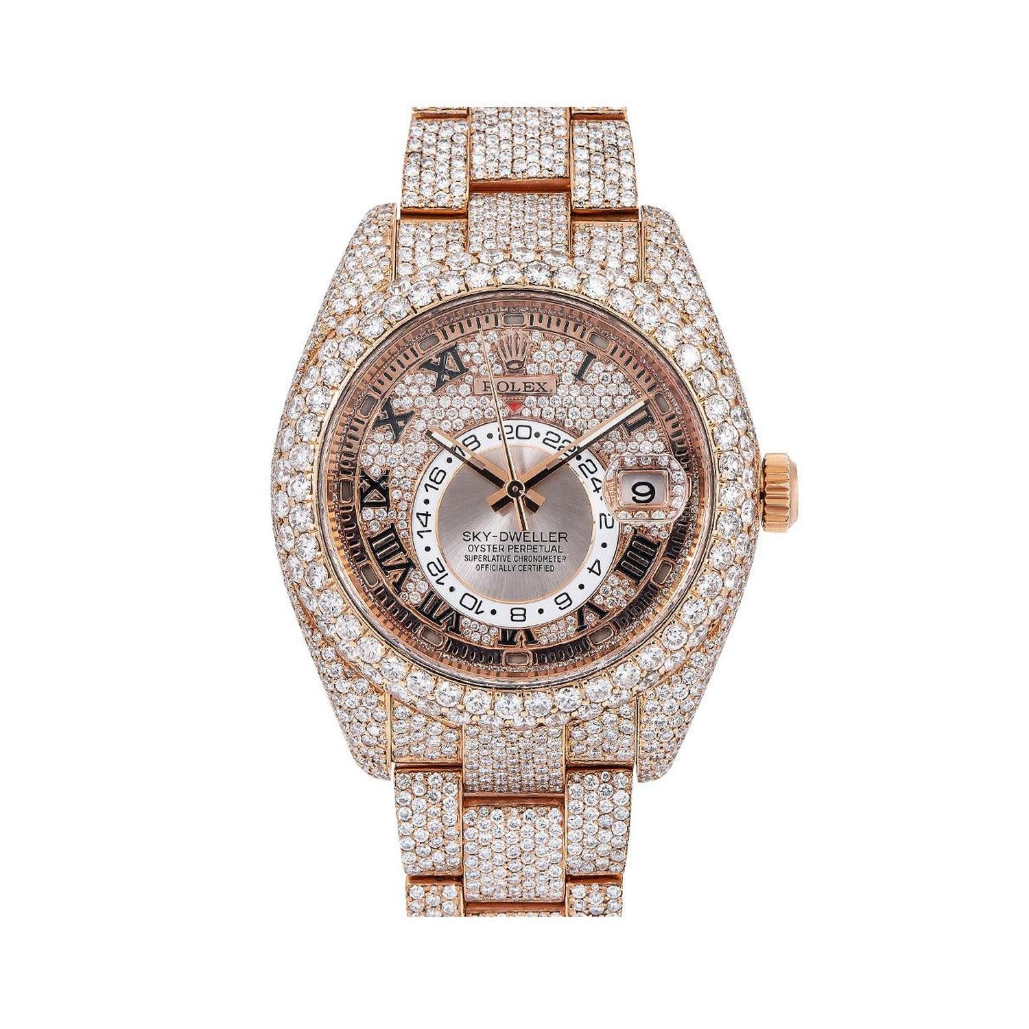 Rolex Sky-Dweller 42MM 326935 Diamond Paved Roman Dial Diamond Bezel Rose Gold Full Diamond Oyster Bracelet