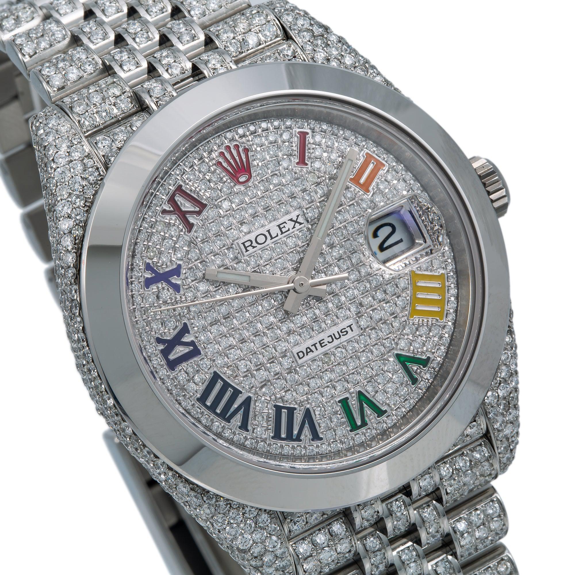 Rolex Datejust 41MM 126333 Diamond Paved Rainbow Roman Dial Smooth Bezel Stainless Steel Full Diamond Jubilee Bracelet