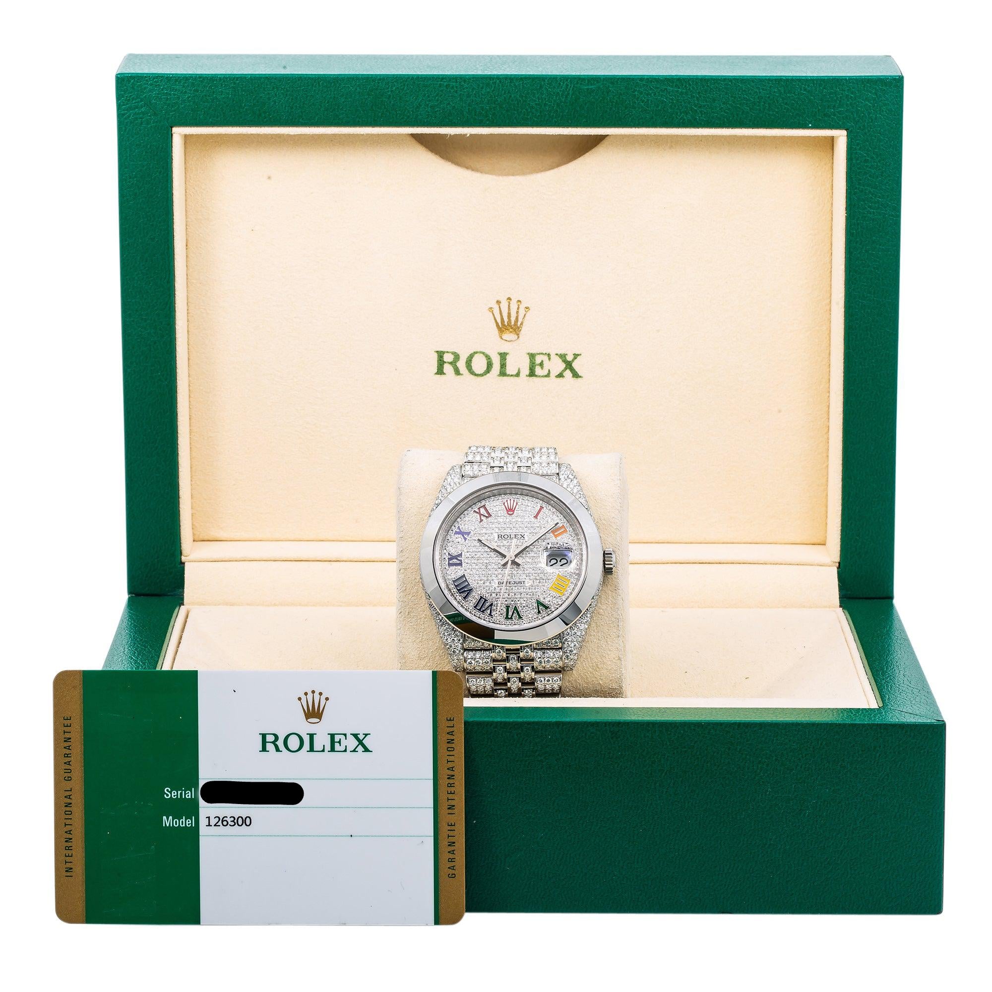 Rolex Datejust 41MM 126333 Diamond Paved Rainbow Roman Dial Smooth Bezel Stainless Steel Full Diamond Jubilee Bracelet