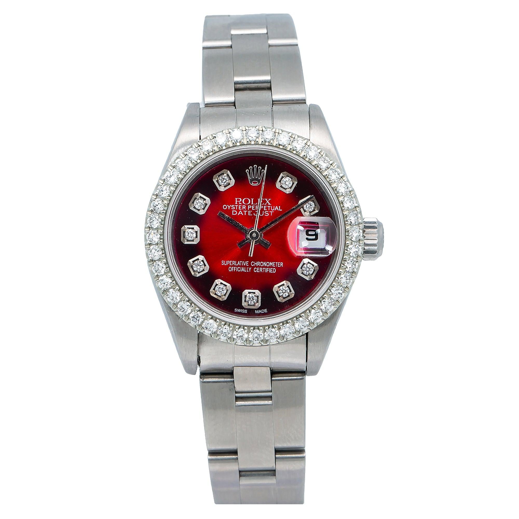 Rolex Datejust 26MM 69174 Red Diamond Dial Diamond Bezel Stainless Steel Oyster Bracelet