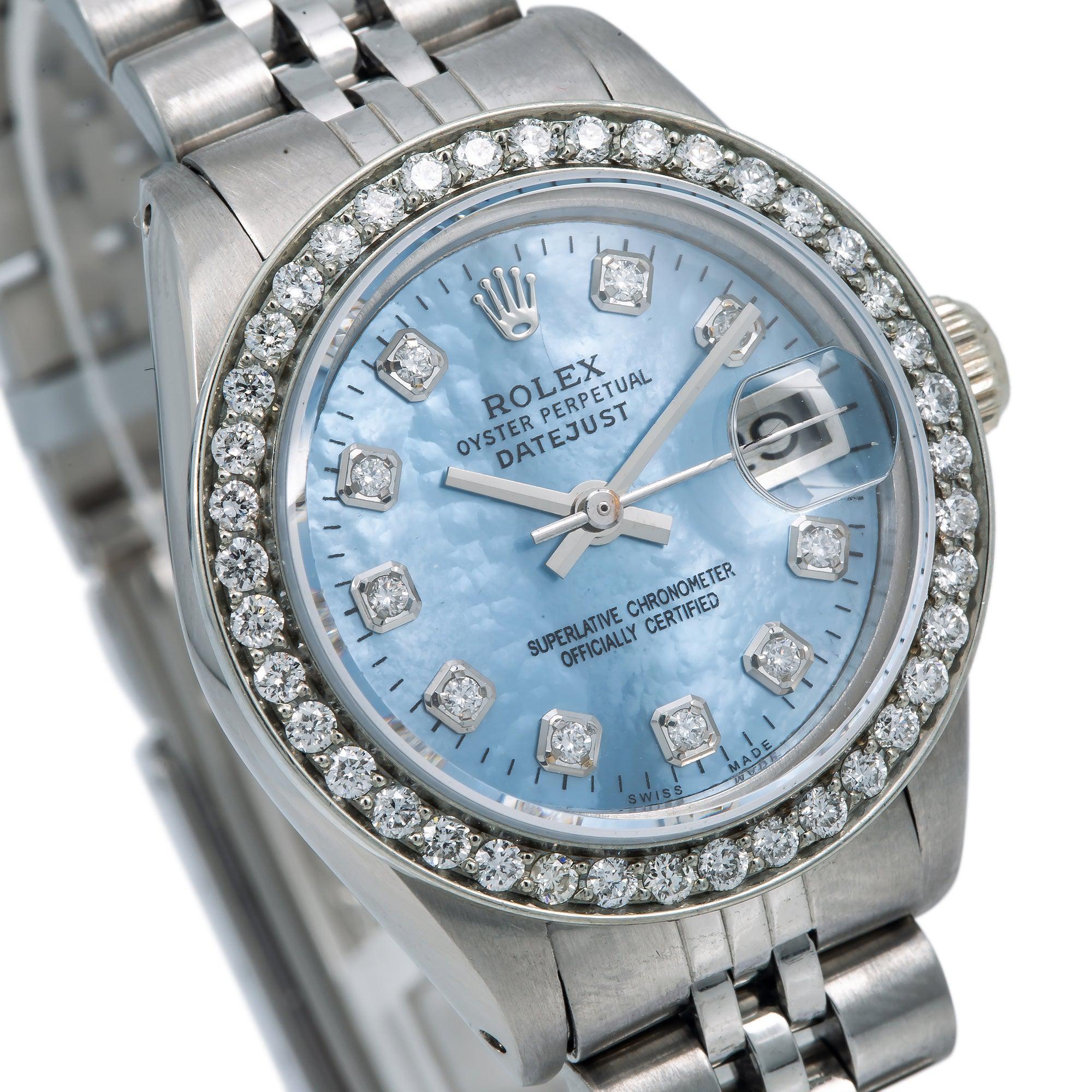 Rolex Datejust 26MM 6916 Blue Mother of Pearl Diamond Dial Diamond Bezel Stainless Steel Jubilee Bracelet 0.8ct