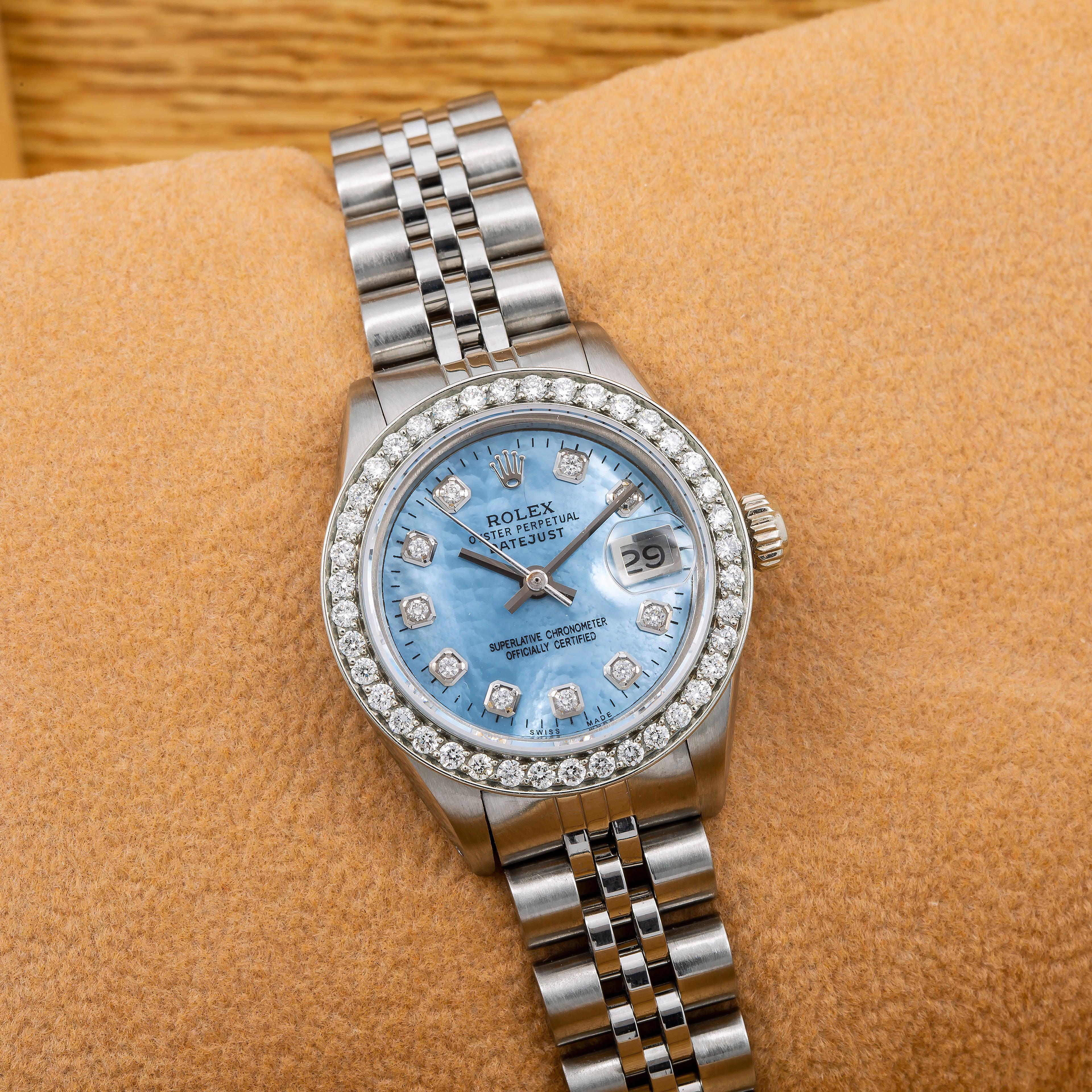 Rolex Datejust 26MM 6916 Blue Mother of Pearl Diamond Dial Diamond Bezel Stainless Steel Jubilee Bracelet 0.8ct