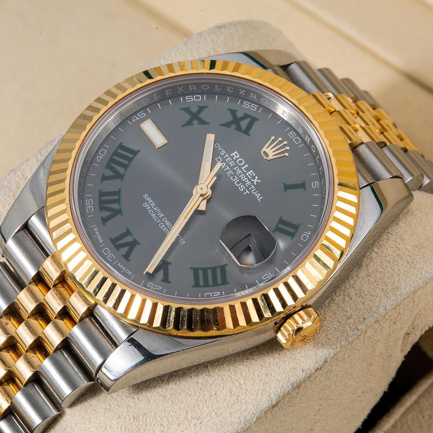 Rolex Datejust 41MM 126333 Wimbledon Gray Dial Fluted Bezel Two Tone Yellow Gold Jubilee Bracelet
