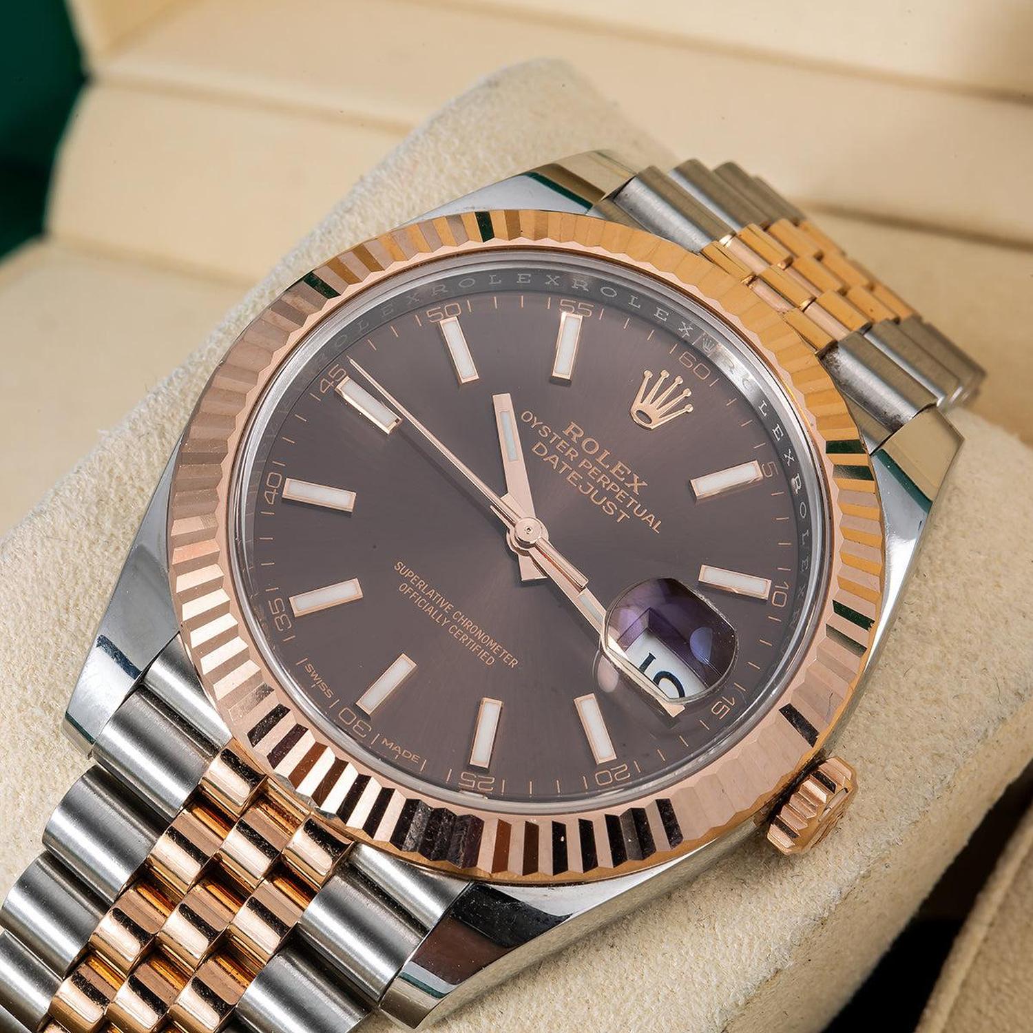 Rolex Datejust 41MM 126331 Chocolate Dial Fluted Bezel Two Tone Rose Gold Jubilee Bracelet