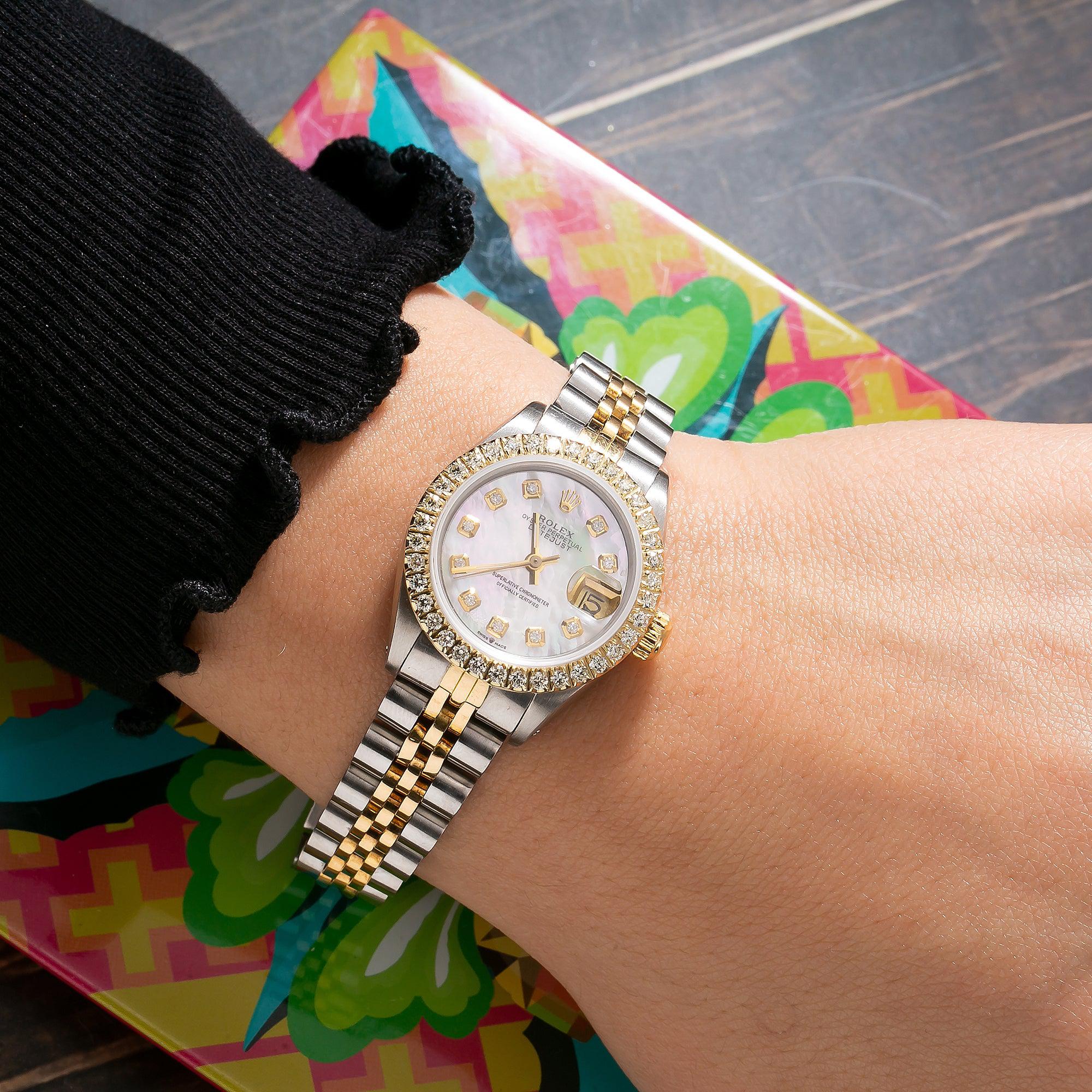 Rolex Datejust 26MM 69173 White Mother of Pearl Diamond Dial Diamond Bezel Two Tone Yellow Gold Jubilee Bracelet