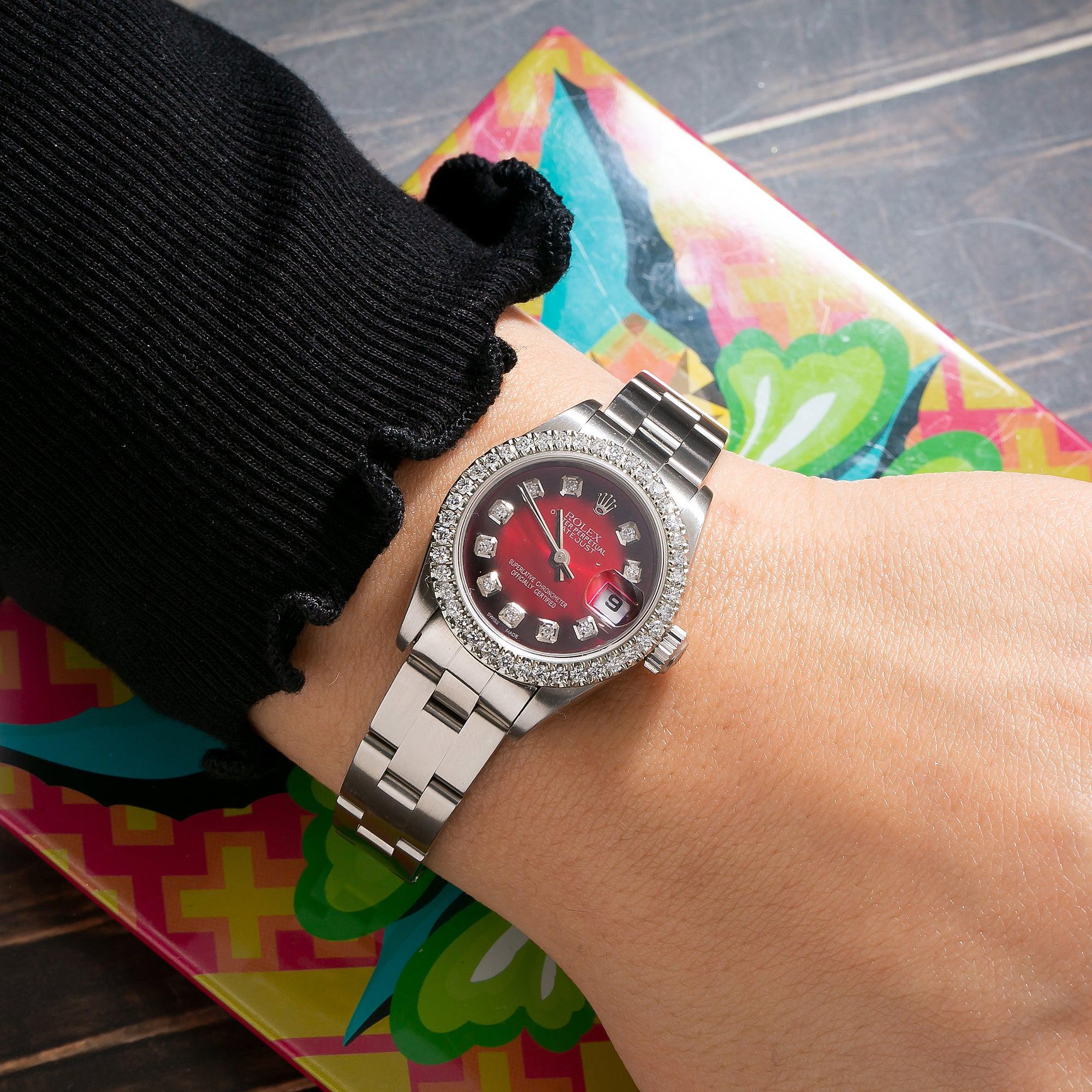 Rolex Datejust 26MM 69174 Red Diamond Dial Diamond Bezel Stainless Steel Oyster Bracelet