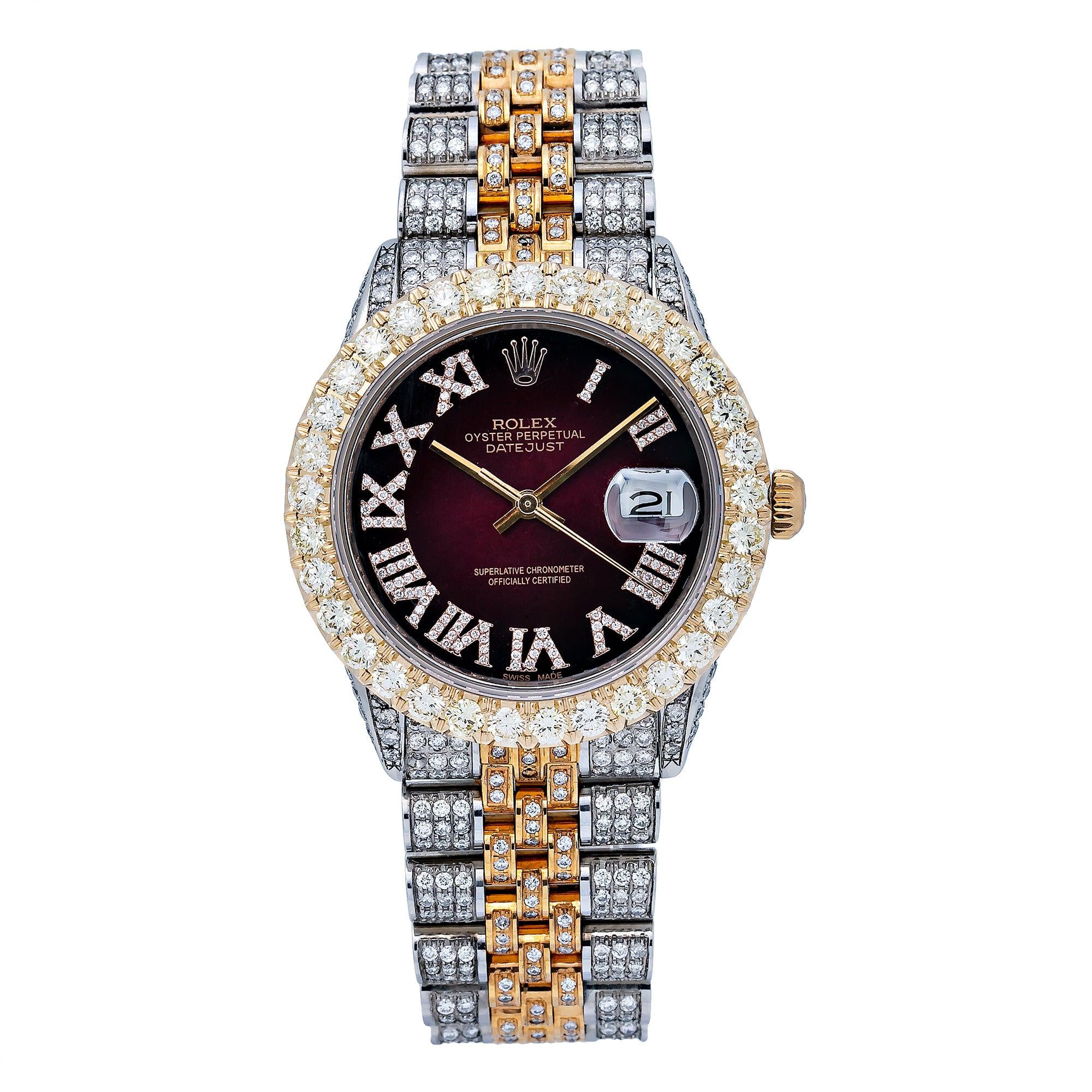 Rolex Datejust 36MM 16233 Red Roman Dial Diamond Bezel Two Tone Full Diamond Jubilee Bracelet