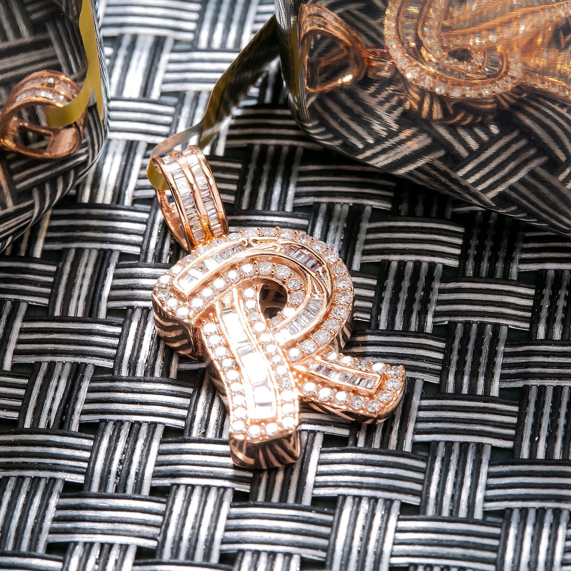 14K ROSE GOLD LETTER R PENDANT WITH 1.59 CT DIAMONDS