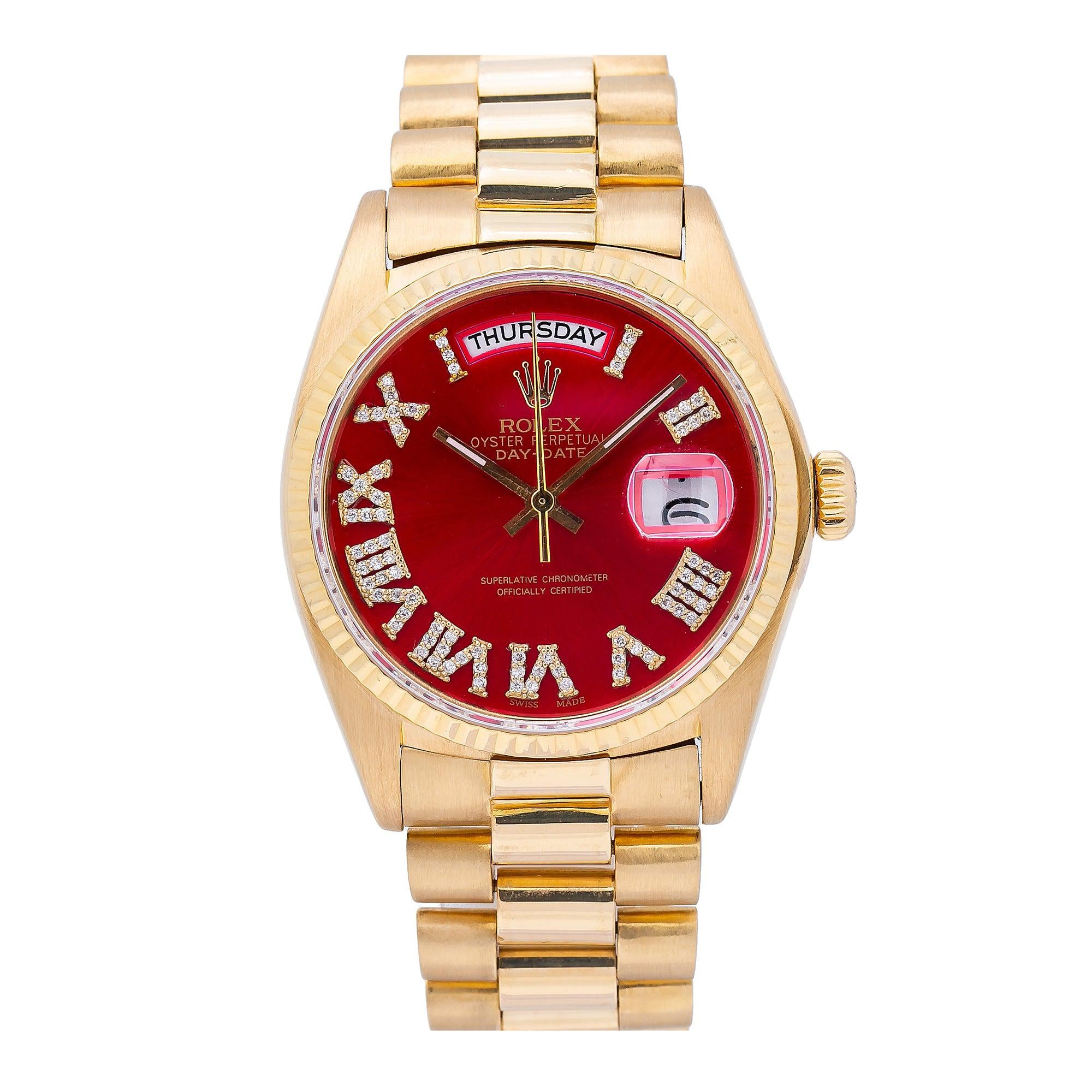 Rolex Day-Date 36MM 18038 Red Roman Diamond Dial Fluted Bezel 18K Yellow Gold President Bracelet