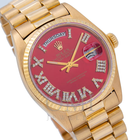 Rolex Day-Date 18038 36MM Red Diamond Dial With Yellow Gold President Bracelet