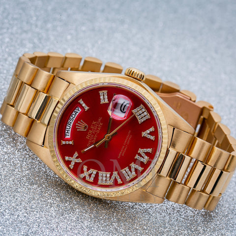 Rolex Day-Date 18038 36MM Red Diamond Dial With Yellow Gold President Bracelet