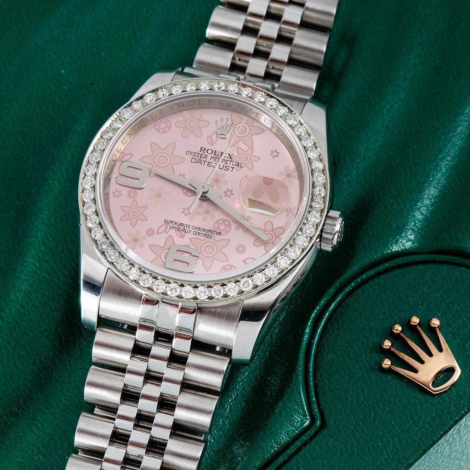 Rolex Datejust 36MM 116200 Pink Floral Arabic Dial Diamond Bezel Stainless Steel Jubilee Bracelet