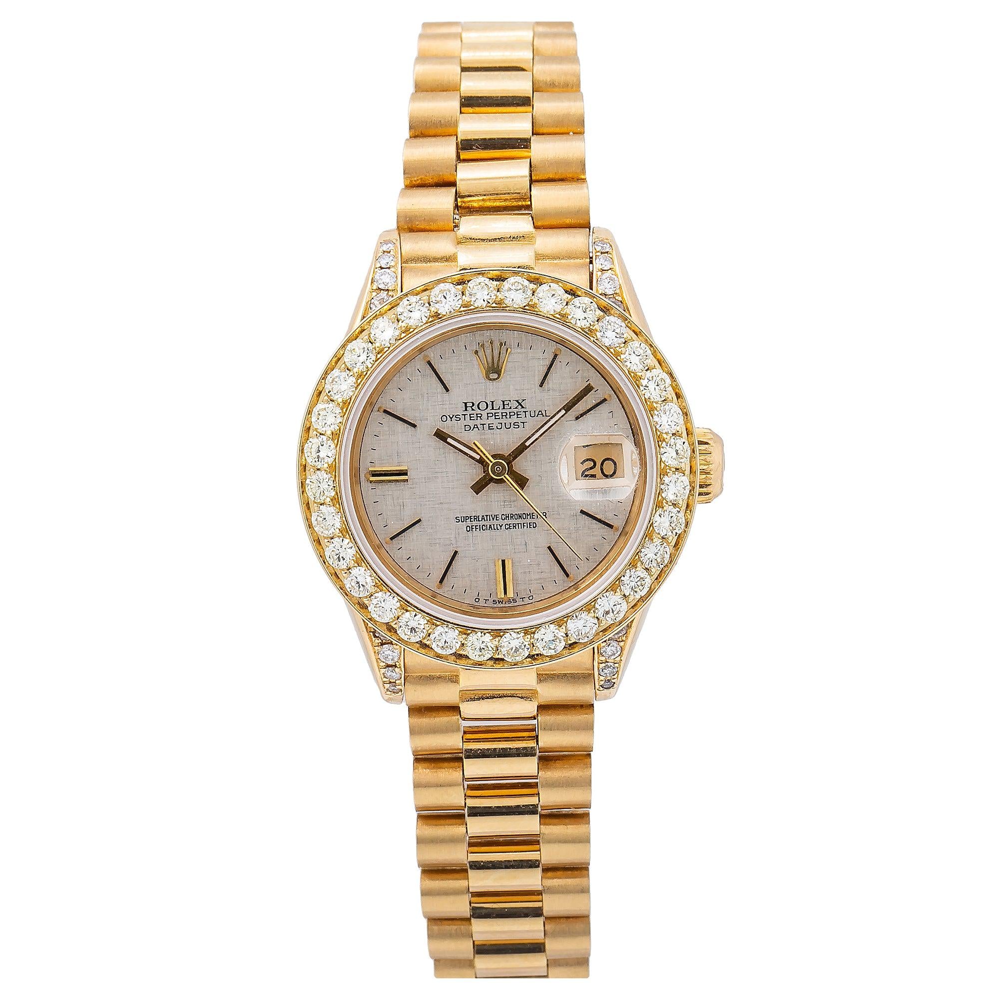 Rolex Datejust 26MM 69178 Silver Linen Dial Diamond Bezel 18K Yellow Gold President Bracelet