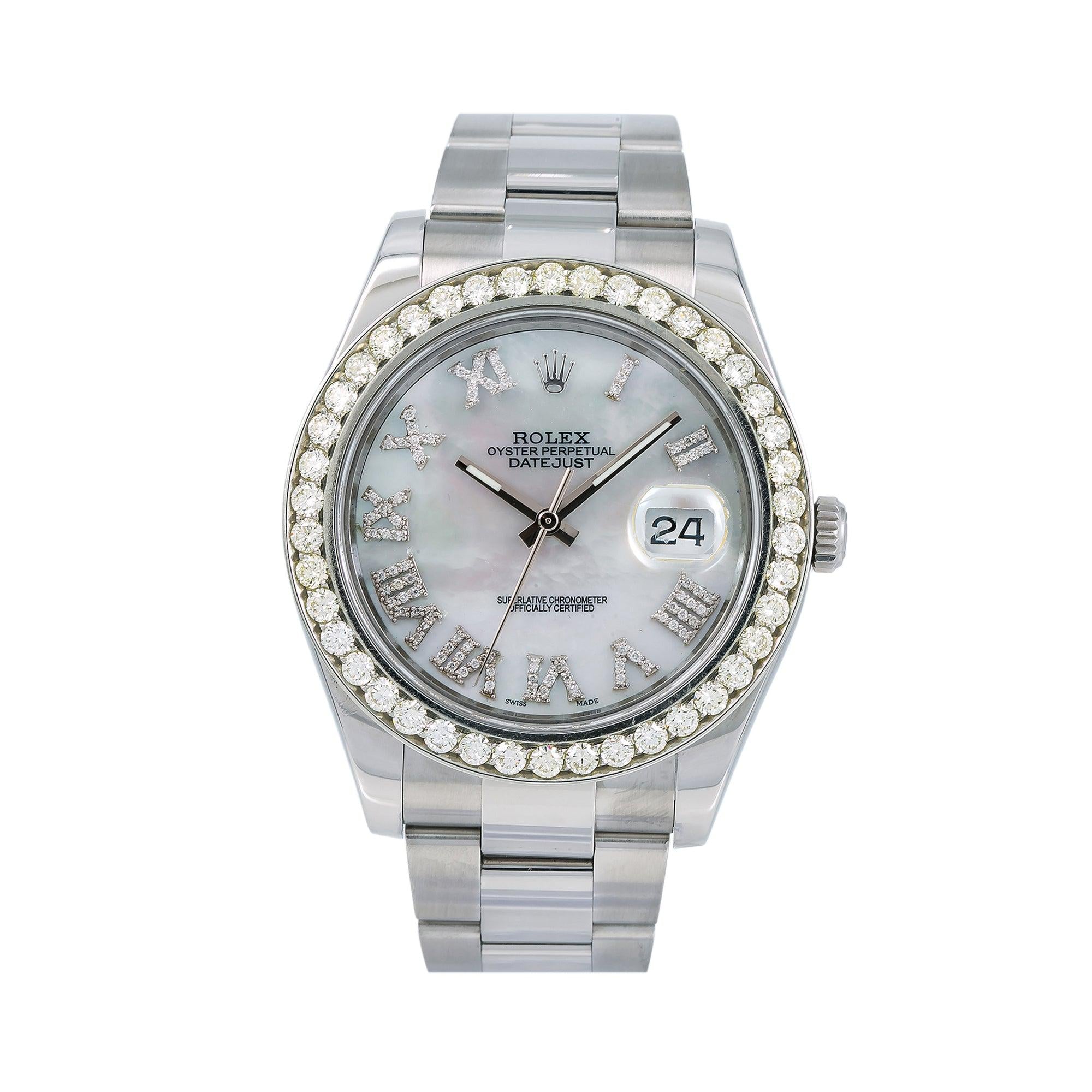 Rolex Datejust 41MM 116300 Mother of Pearl Roman Dial Diamond Bezel Stainless Steel Oyster Bracelet 3.5ct