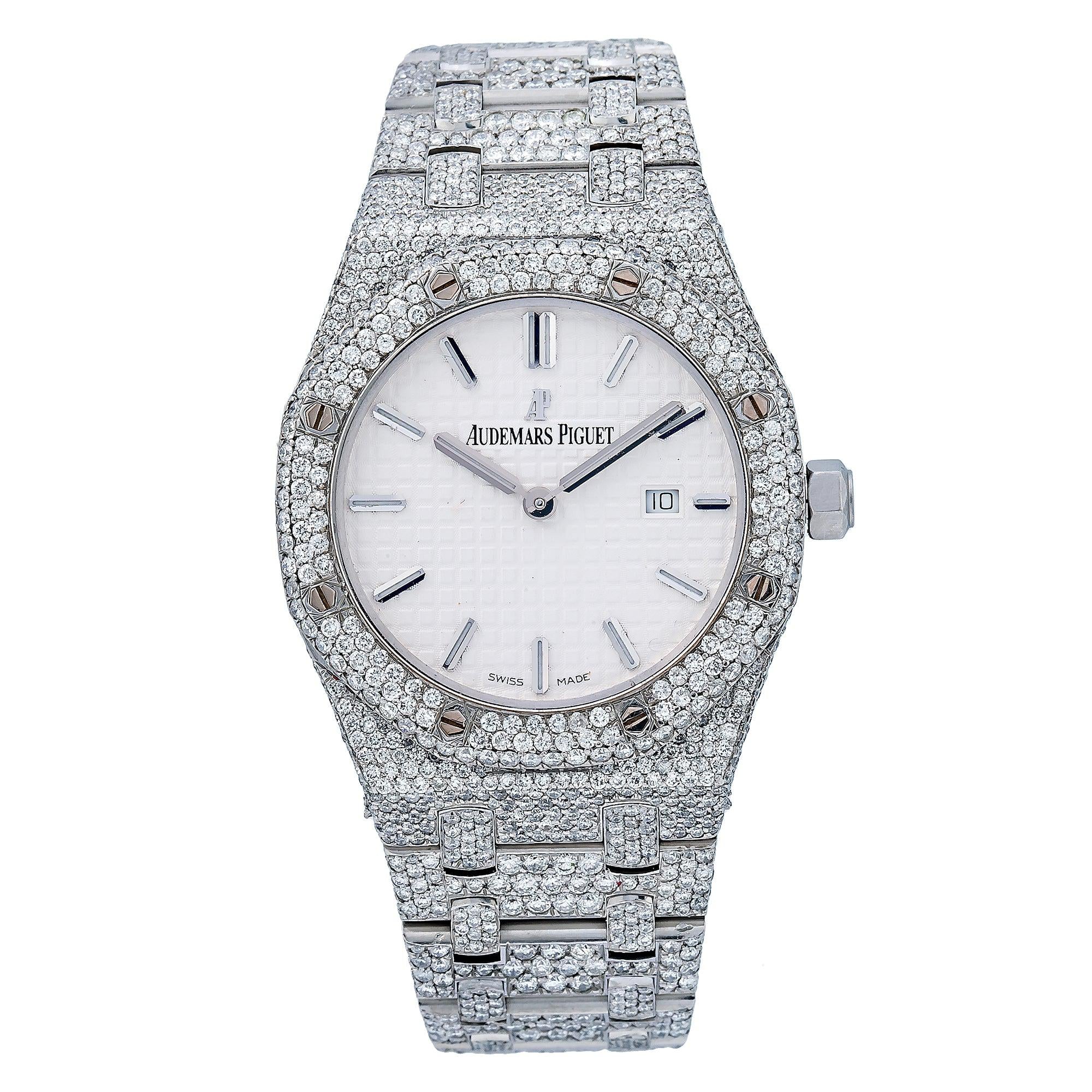 Audemars Piguet Royal Oak 33MM 67651ST Black Dial Diamond Paved Bezel Stainless Steel Bracelet 18.25ct