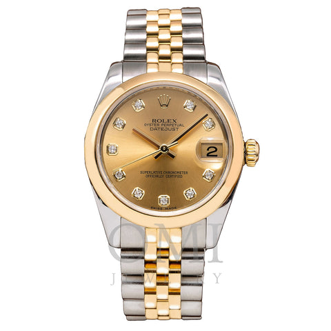 Rolex DateJust Two Tone Diamond Watch, 178243 31mm, Champagne Dial with Diamond Hour Markers
