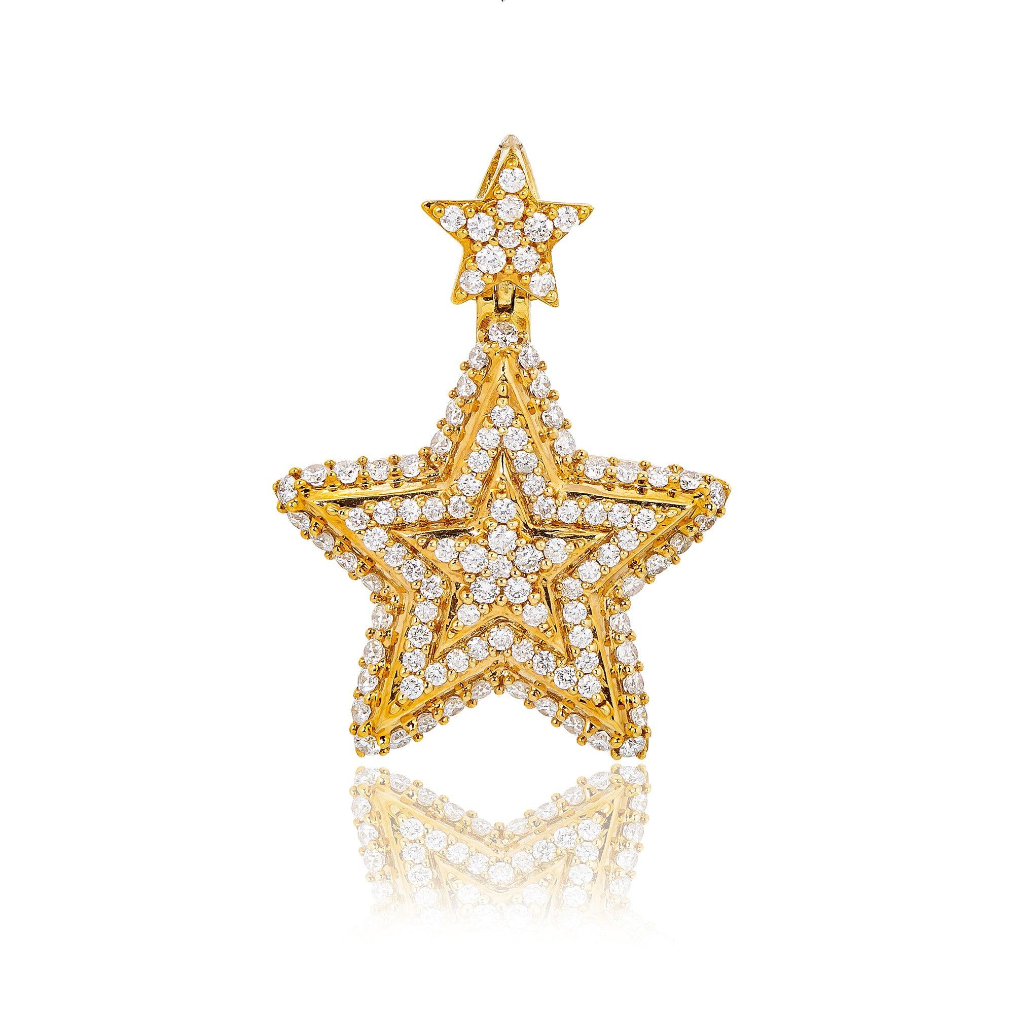 Unisex 14K Yellow Gold Star Pendant 1.72 CT Diamonds