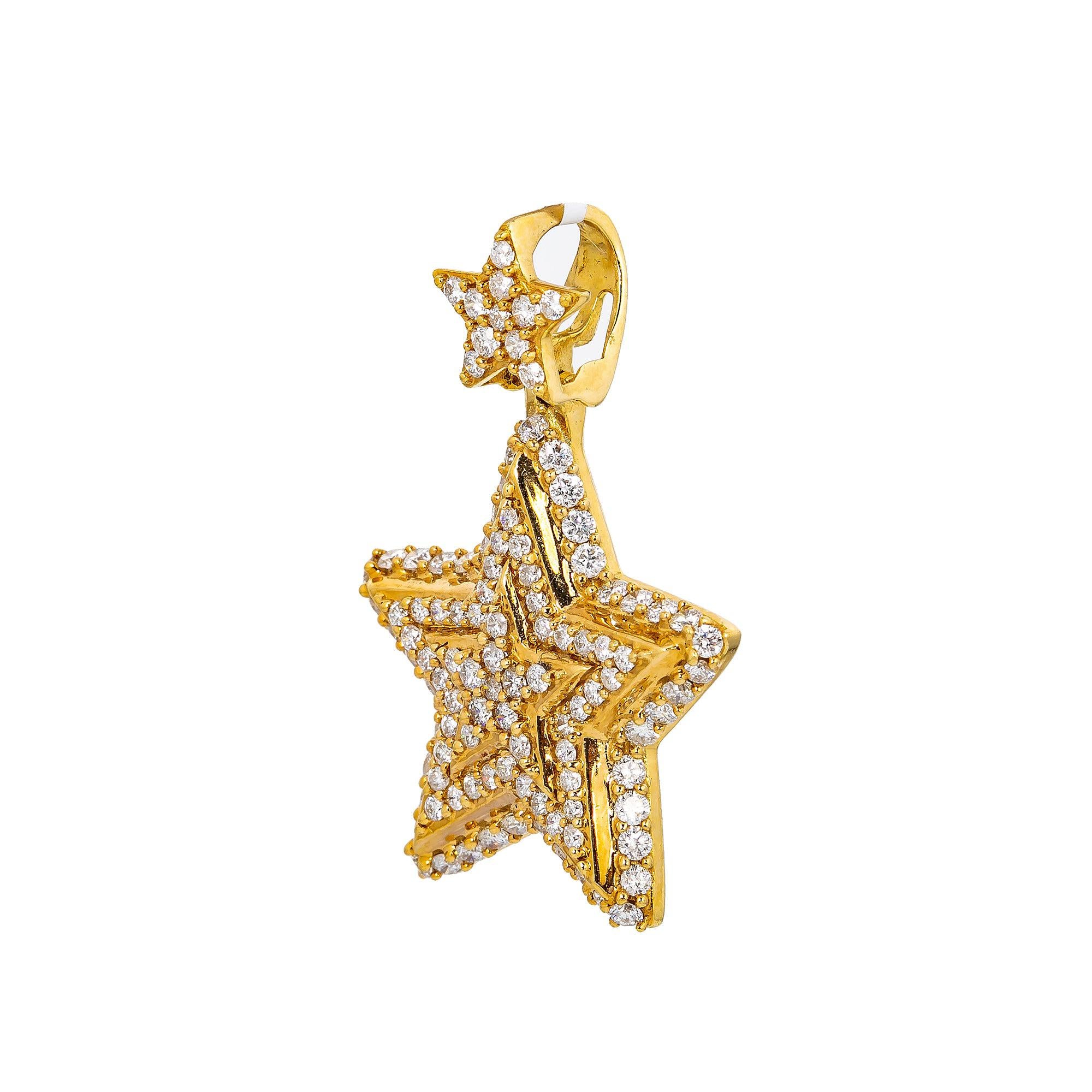 Unisex 14K Yellow Gold Star Pendant 1.72 CT Diamonds