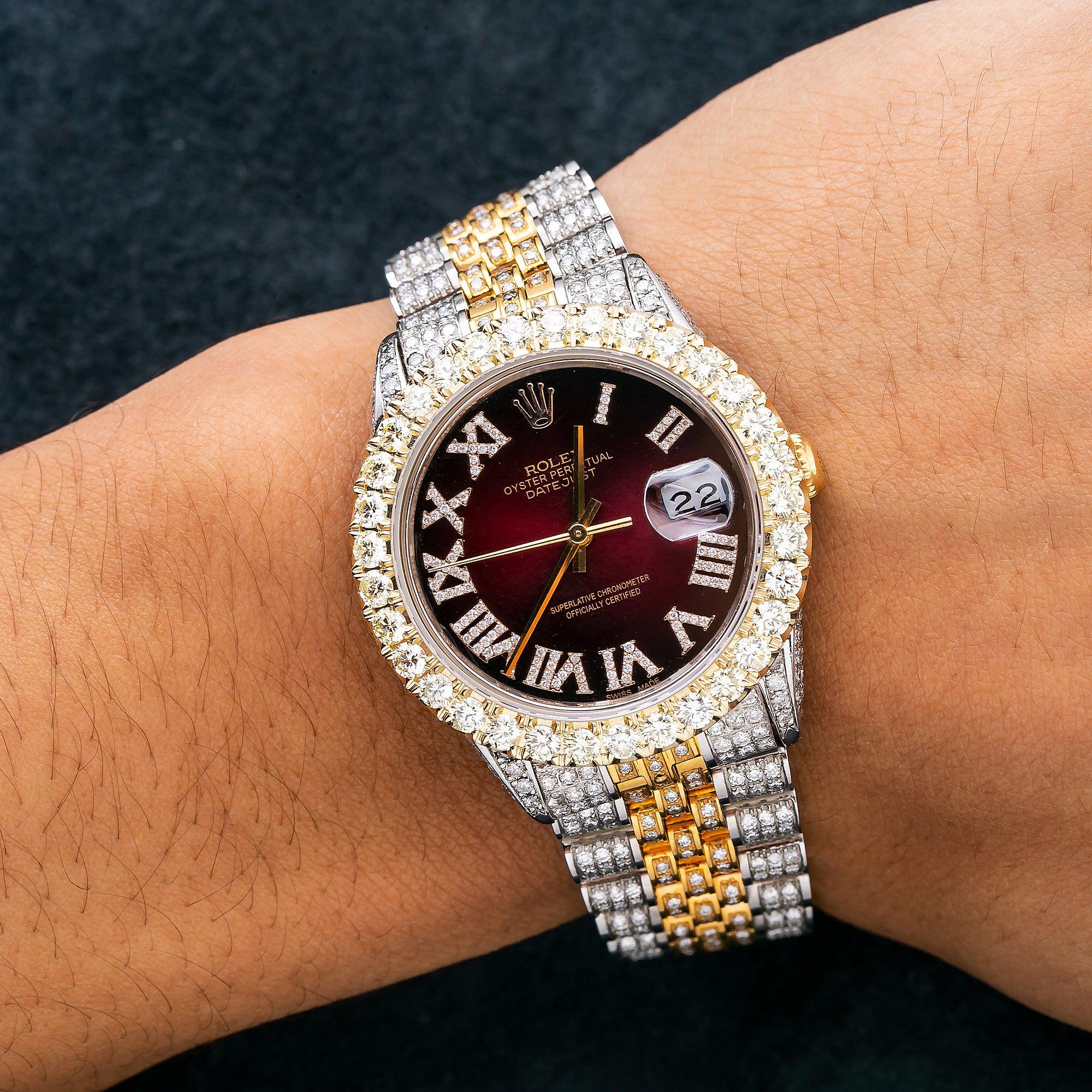 Rolex Datejust 36MM 16233 Red Roman Diamond Dial Diamond Bezel Two Tone Yellow Gold Full Diamond Jubilee Bracelet