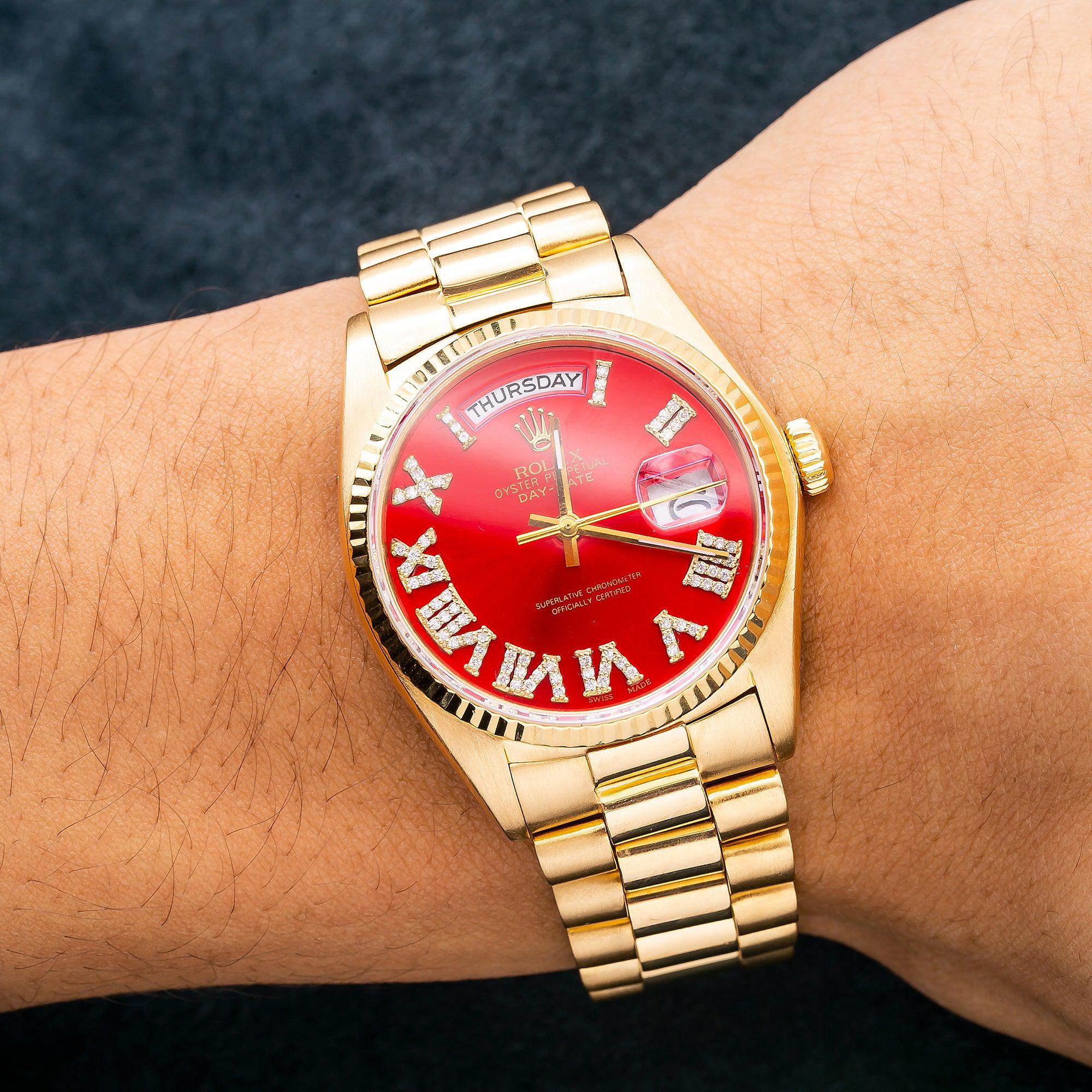 Rolex Day-Date 36MM 18038 Red Roman Dial Yellow Gold Fluted Bezel 18K Yellow Gold President Bracelet